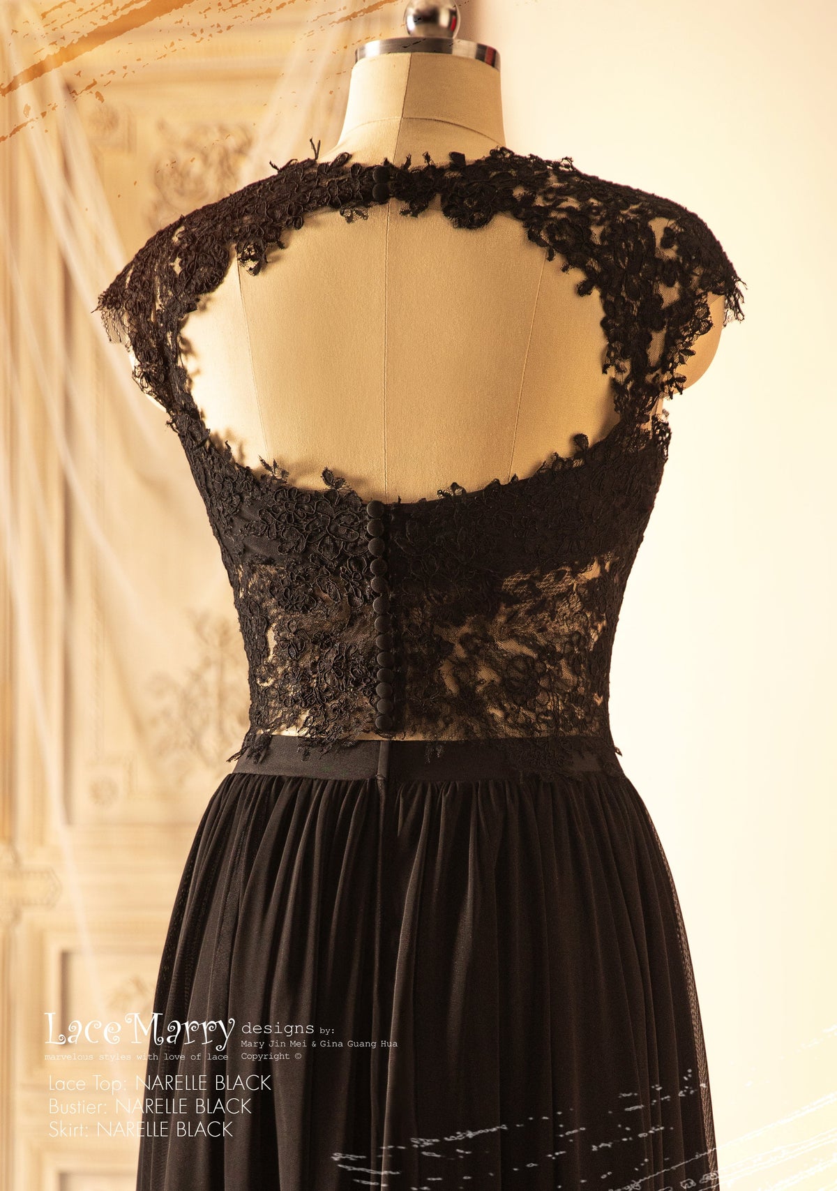 NARELLE / Black Lace Topper with Boat Neckline - LaceMarry NARELLE / Black Lace Topper with Boat Neckline - LaceMarry