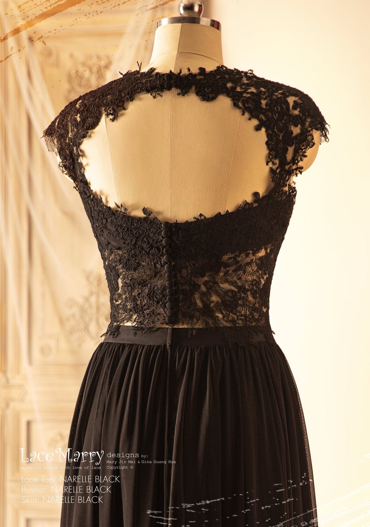 NARELLE / Black Wedding Dress with Boat Neckline Lace Top - LaceMarry NARELLE / Black Wedding Dress with Boat Neckline Lace Top - LaceMarry