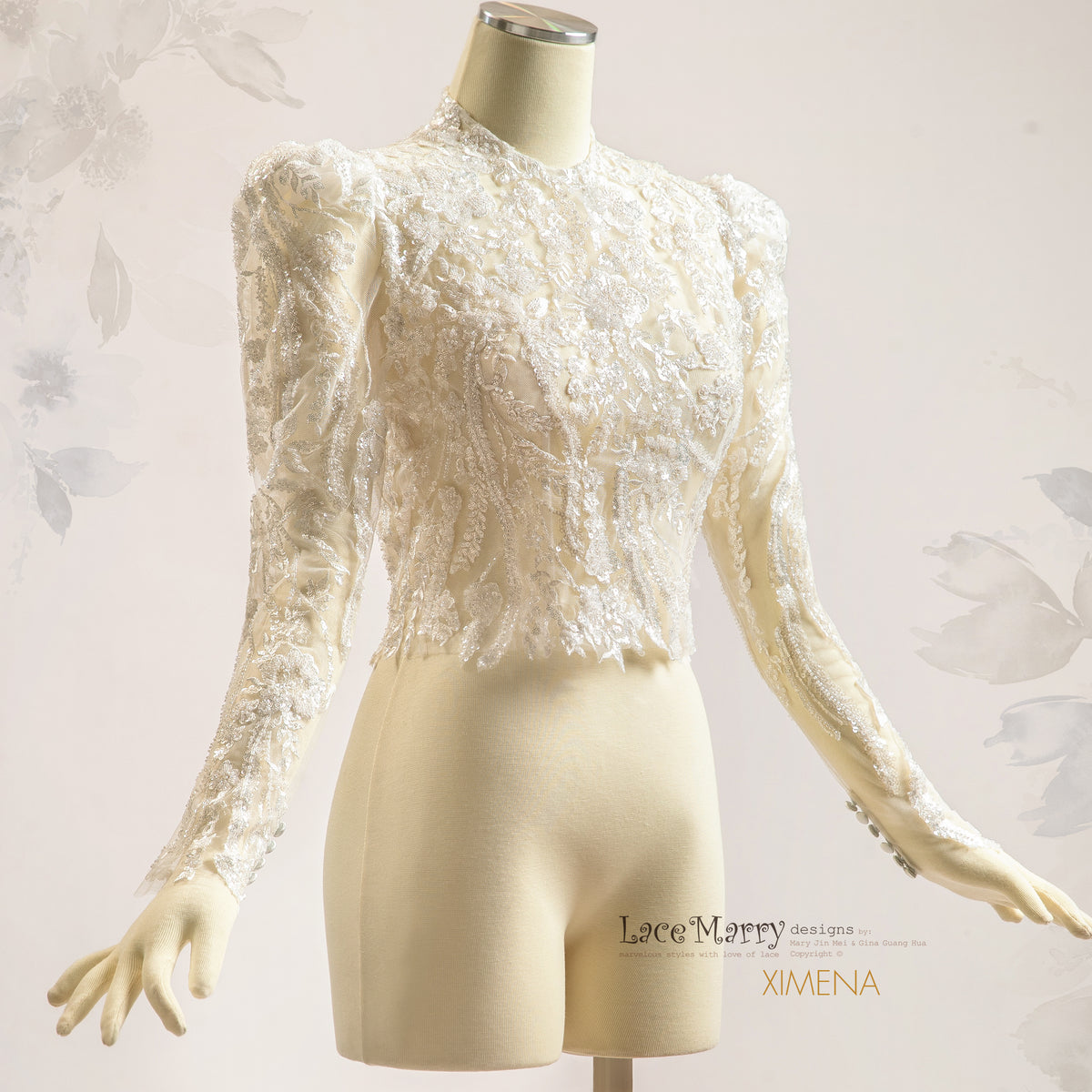XIMENA / Intricate Sparkling Bridal Topper with Long Sleeves and High Neck