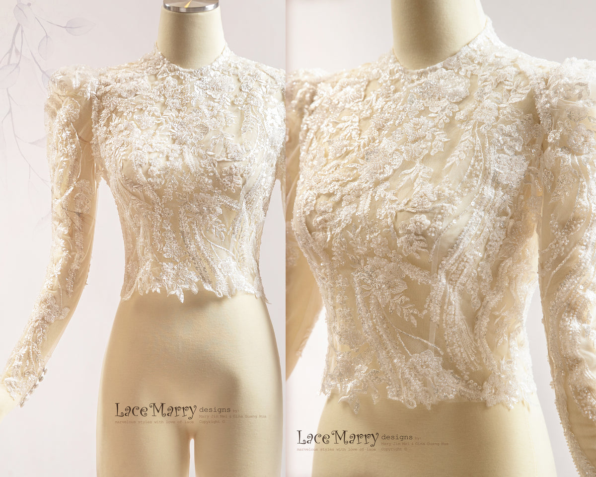 XIMENA / Intricate Sparkling Bridal Topper with Long Sleeves and High Neck