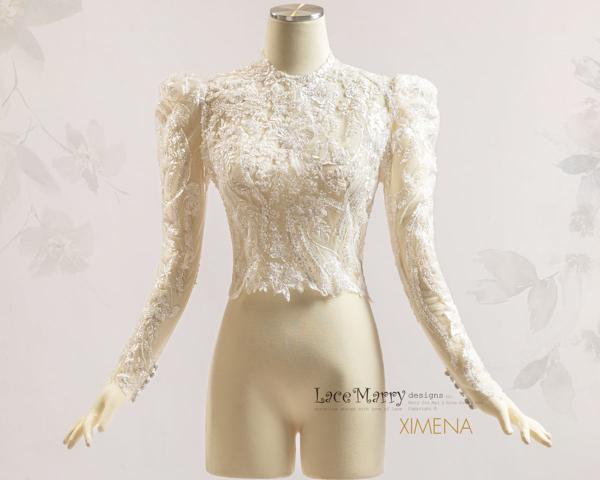 XIMENA / Intricate Sparkling Bridal Topper with Long Sleeves and High Neck