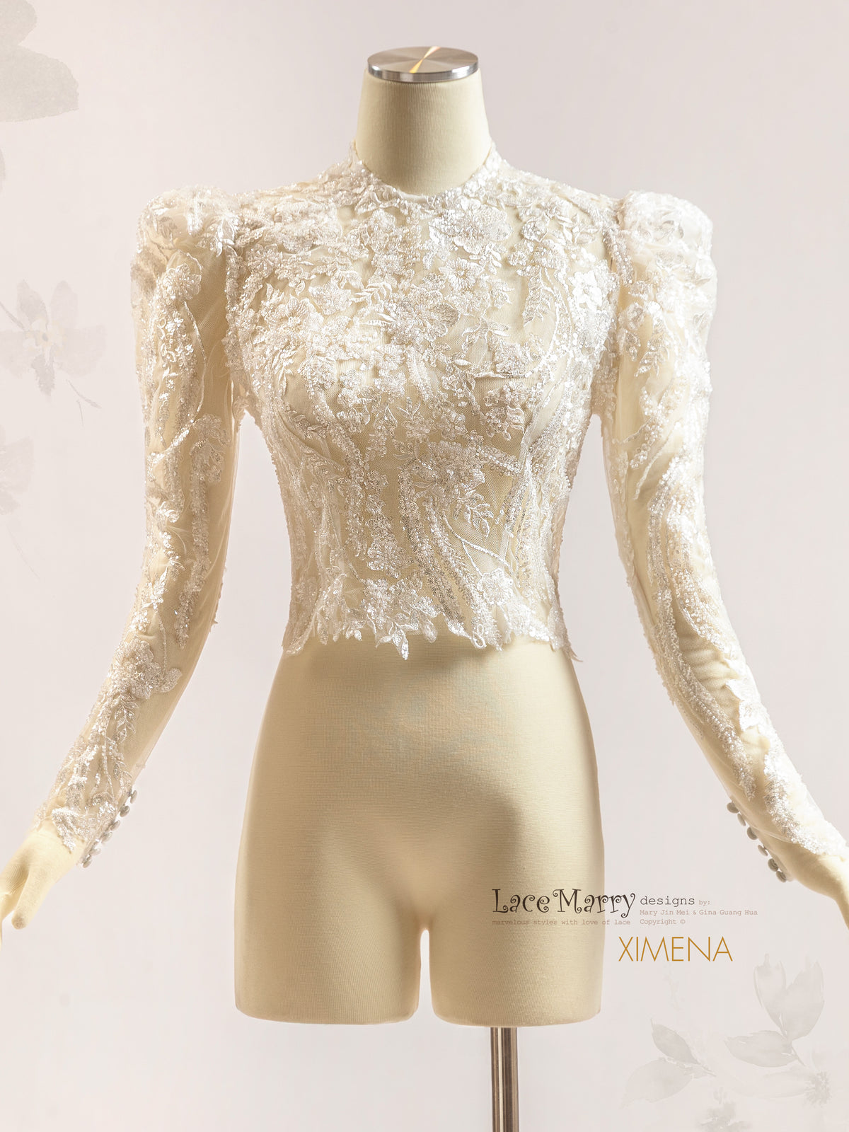 XIMENA / Intricate Sparkling Bridal Topper with Long Sleeves and High Neck