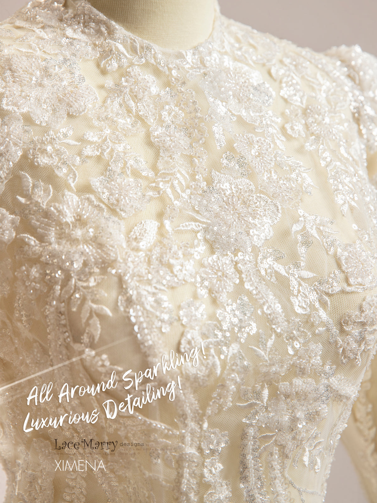 XIMENA / Intricate Sparkling Bridal Topper with Long Sleeves and High Neck