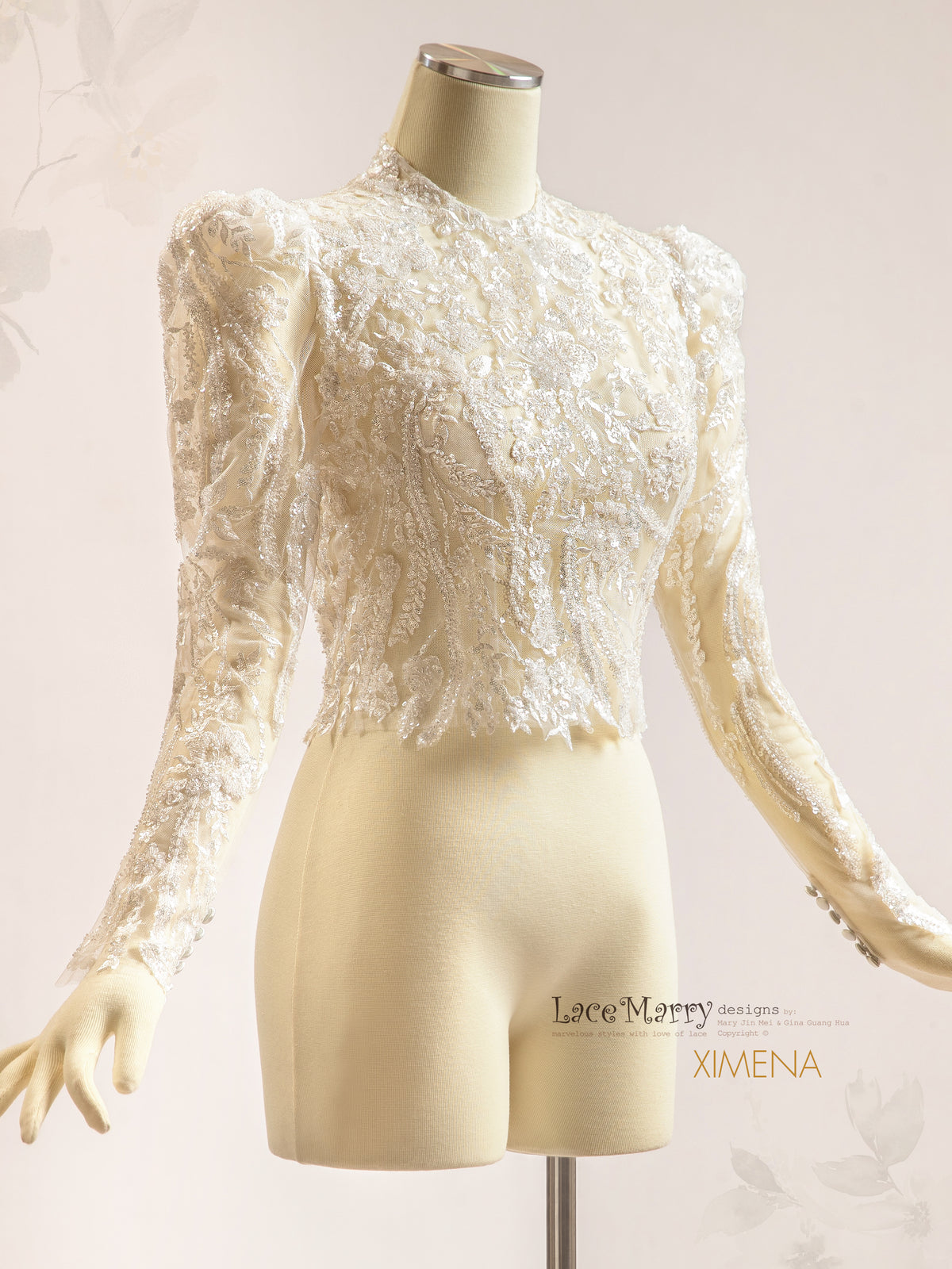 XIMENA / Intricate Sparkling Bridal Topper with Long Sleeves and High Neck