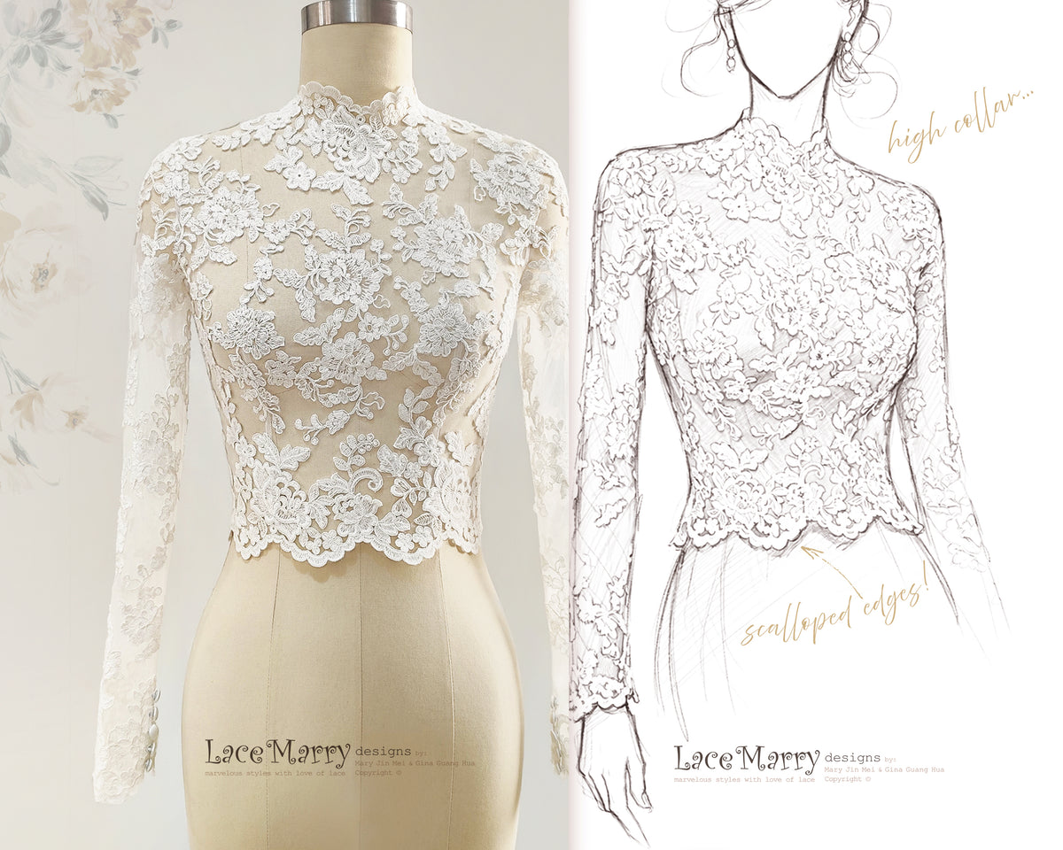 CALLISTA / Bridal Lace Topper with High Neckline and Long Sleeves