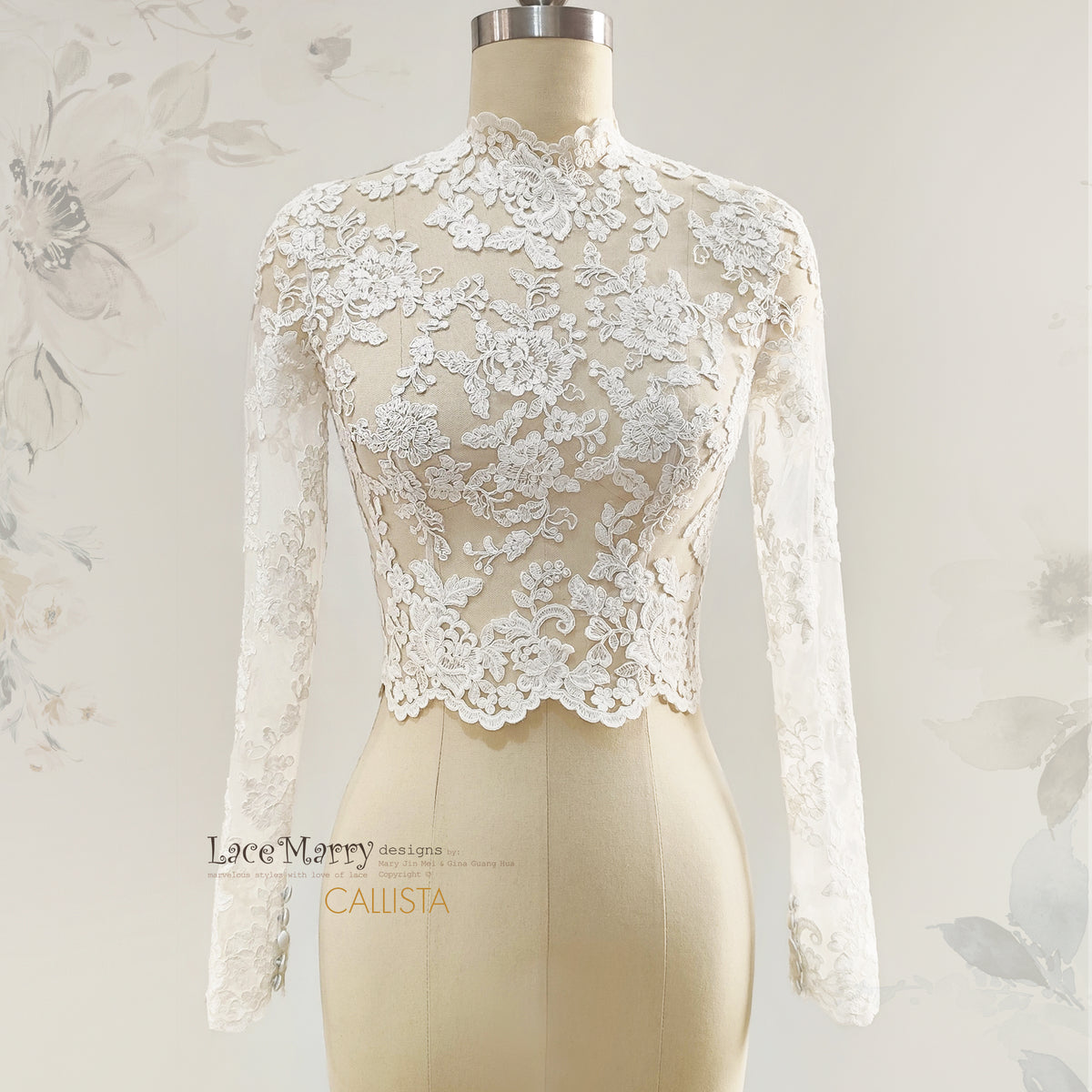 CALLISTA / Bridal Lace Topper with High Neckline and Long Sleeves