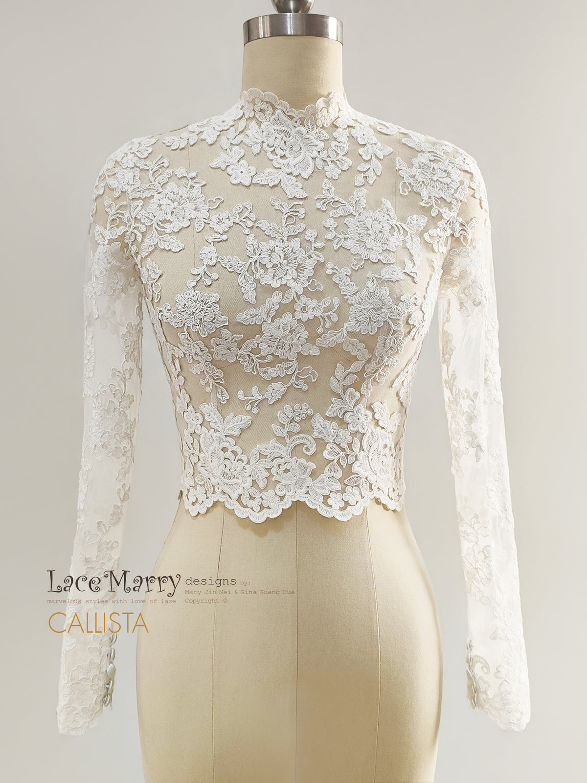 CALLISTA / Bridal Lace Topper with High Neckline and Long Sleeves
