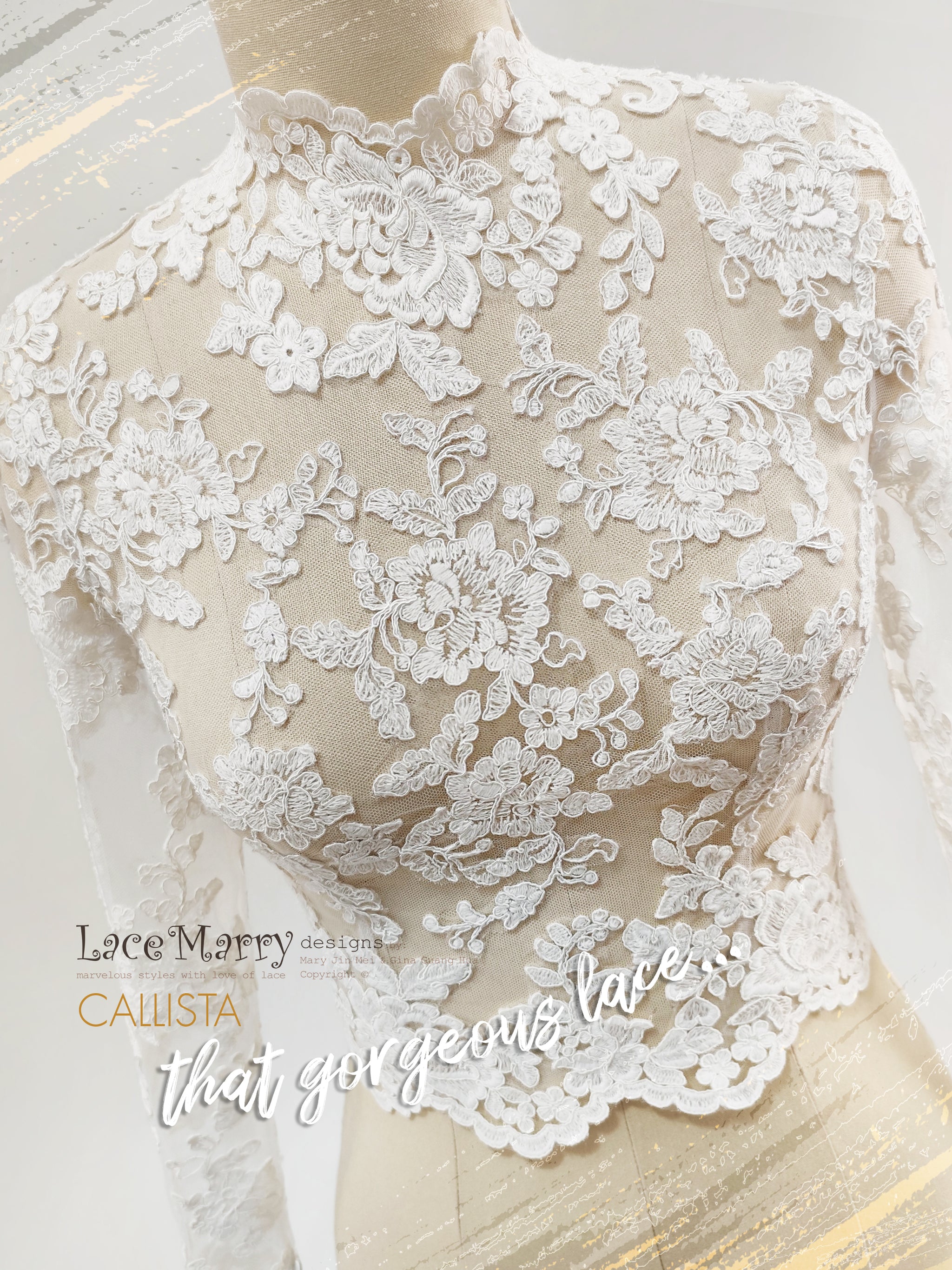 CALLISTA / Bridal Lace Topper with High Neckline and Long Sleeves - LaceMarry CALLISTA / Bridal Lace Topper with High Neckline and Long Sleeves - LaceMarry