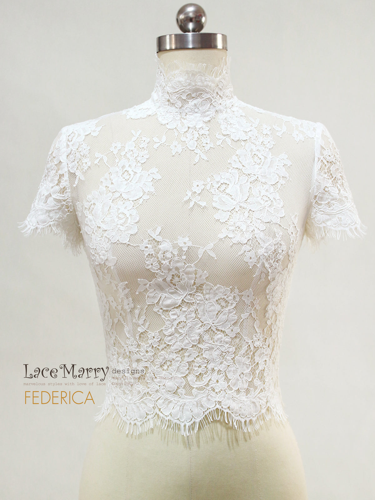 FEDERICA / Couture Bridal Lace Top with High Neck and Small Sleeves