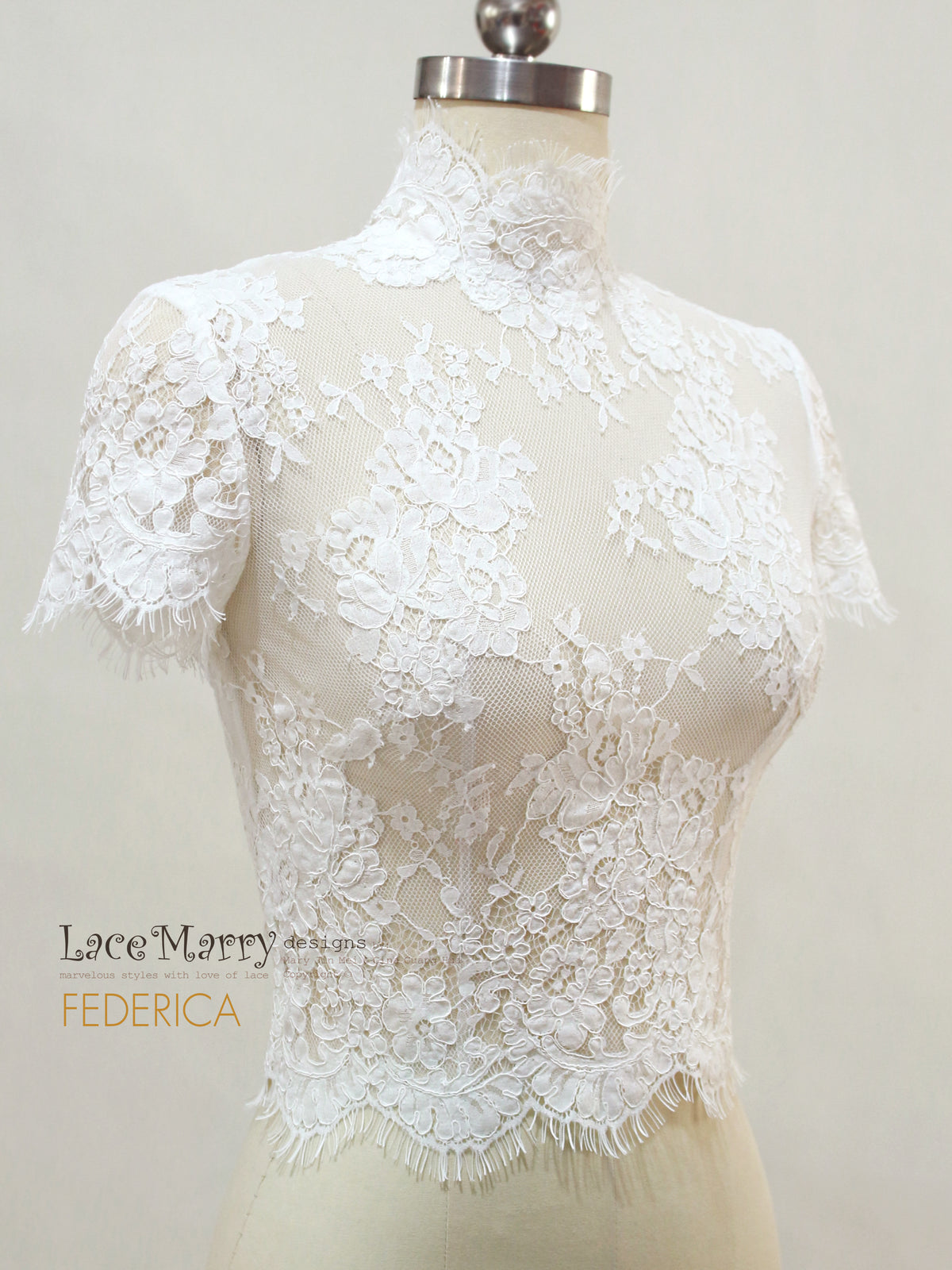 FEDERICA / Couture Bridal Lace Top with High Neck and Small Sleeves