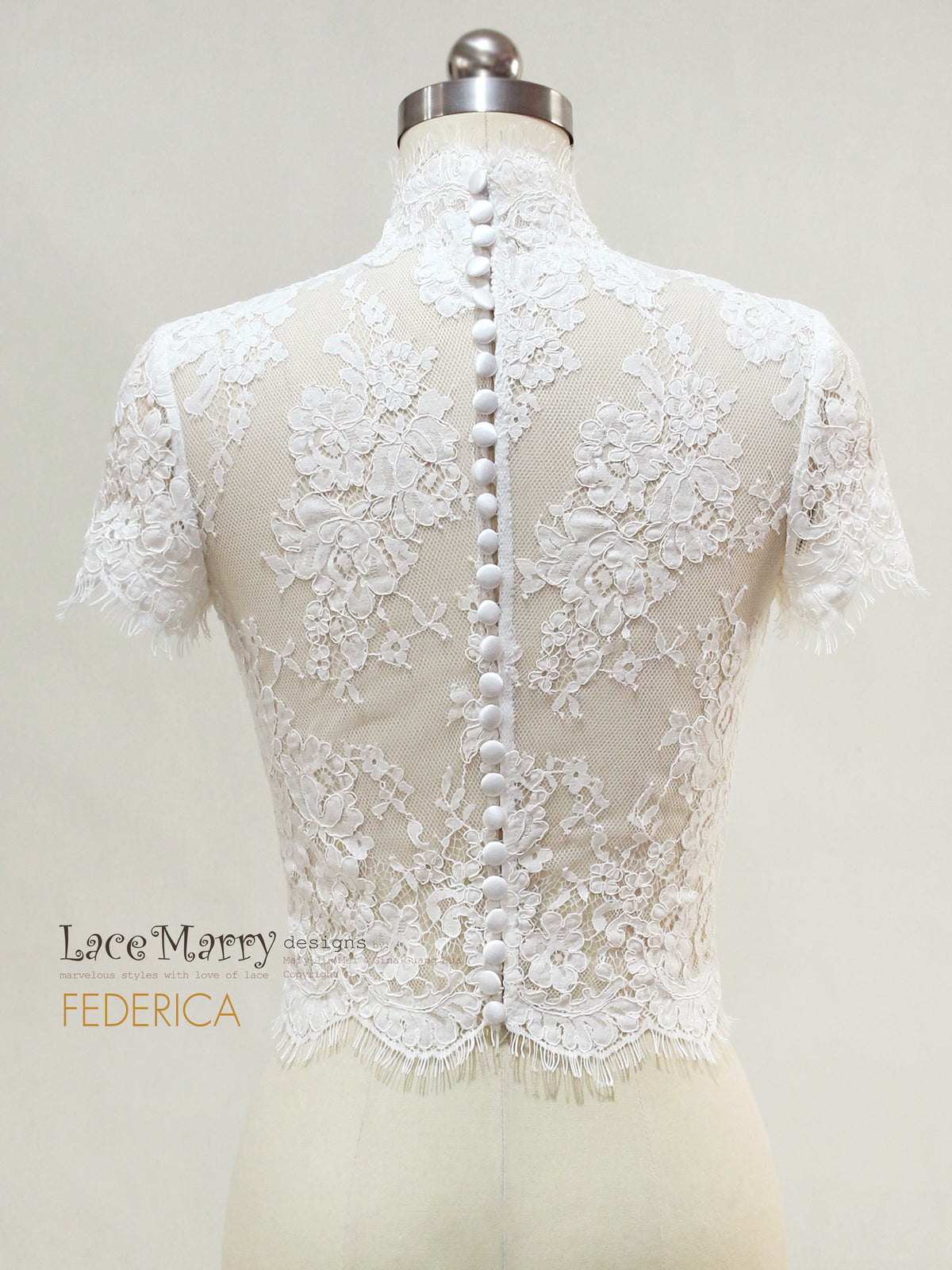 FEDERICA / Couture Bridal Lace Top with High Neck and Small Sleeves