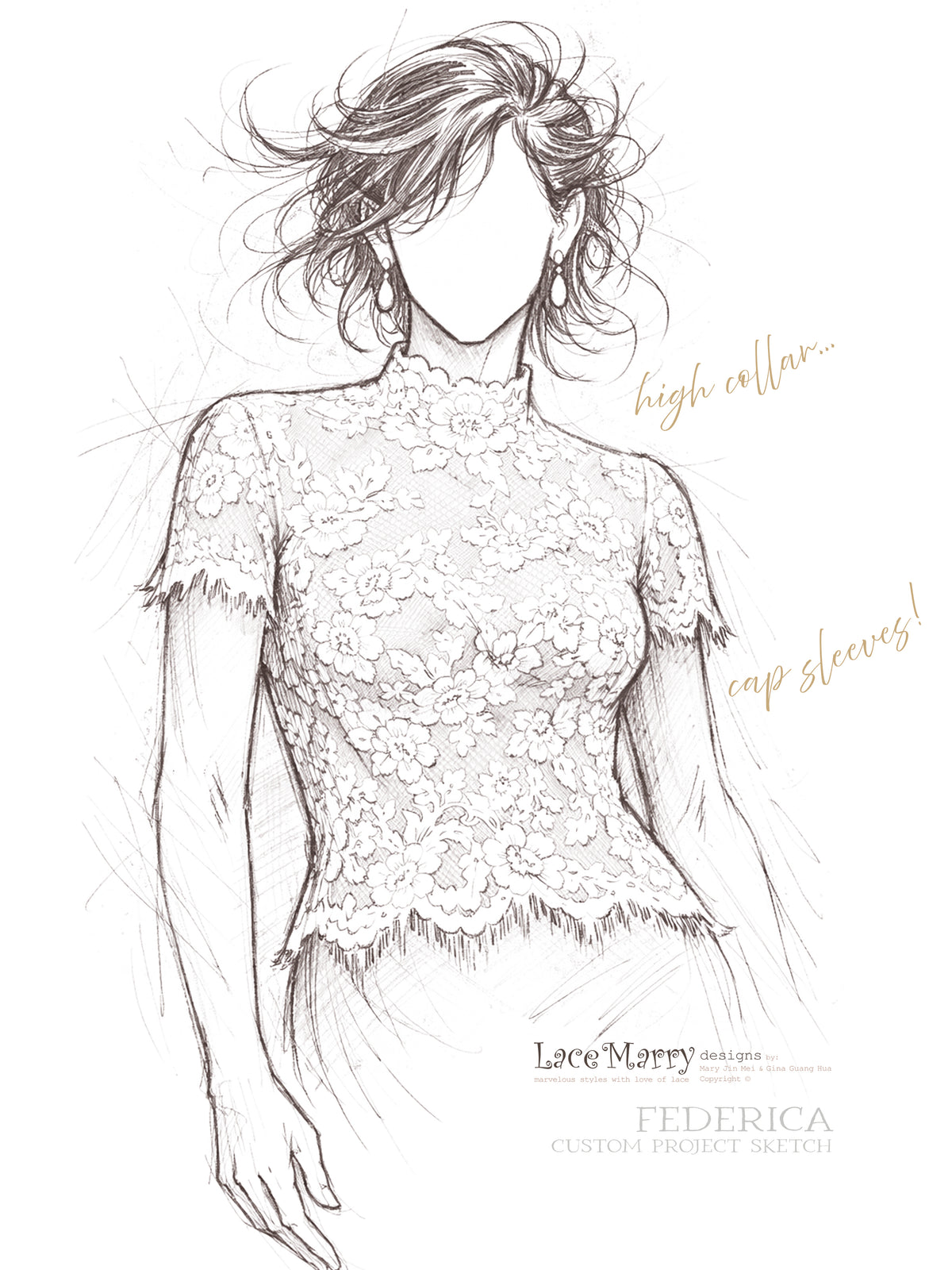 FEDERICA / Couture Bridal Lace Top with High Neck and Small Sleeves