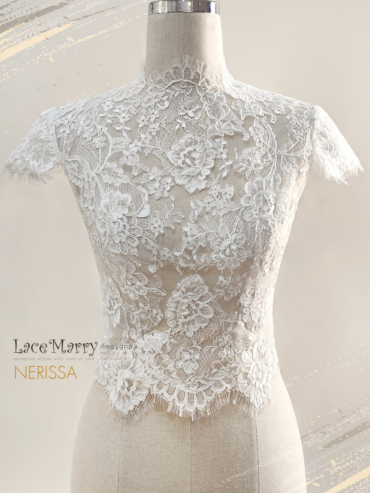 NERISSA / High Neck Open Back Bridal Lace Topper with Scalloped Edges