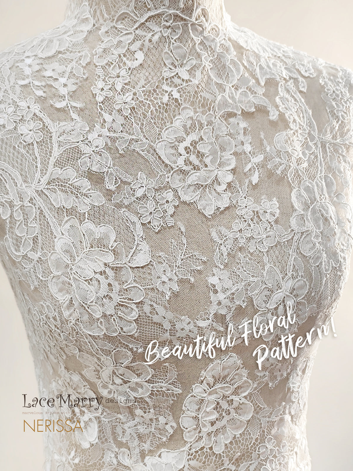 NERISSA / High Neck Open Back Bridal Lace Topper with Scalloped Edges