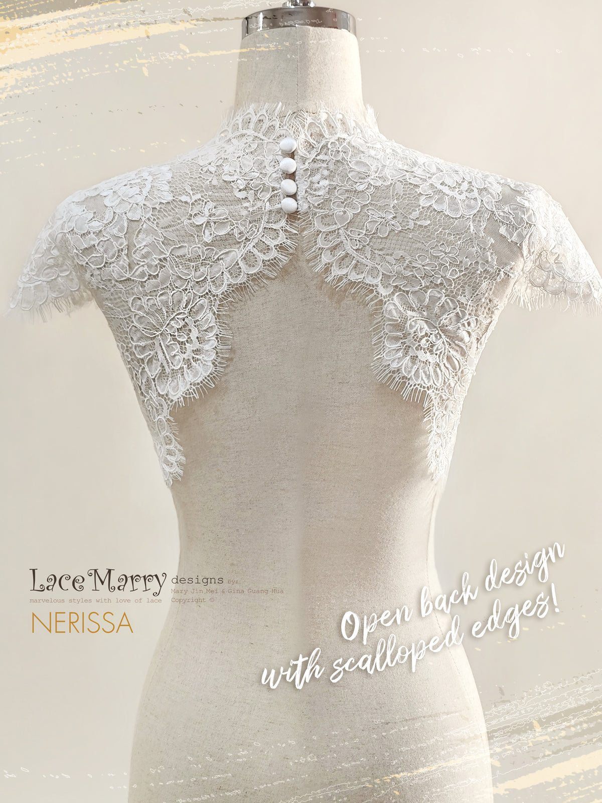NERISSA / High Neck Open Back Bridal Lace Topper with Scalloped Edges