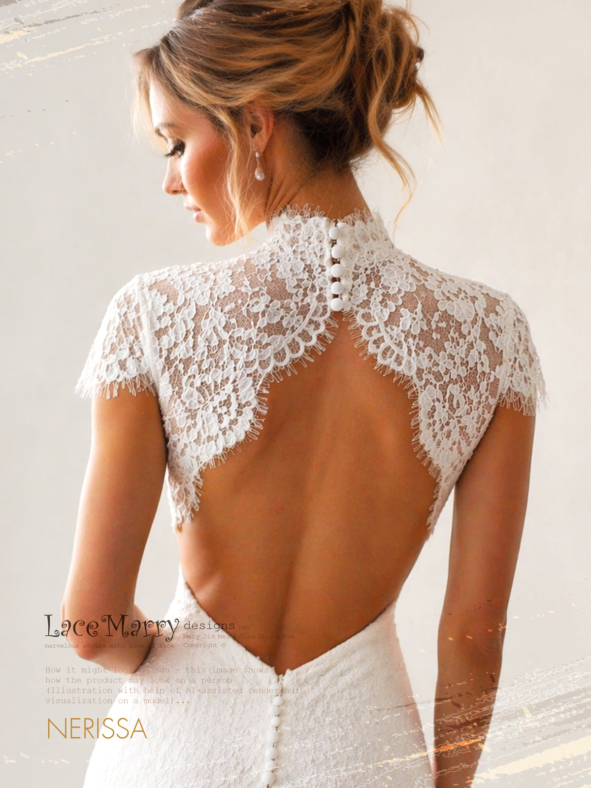 NERISSA / High Neck Open Back Bridal Lace Topper with Scalloped Edges