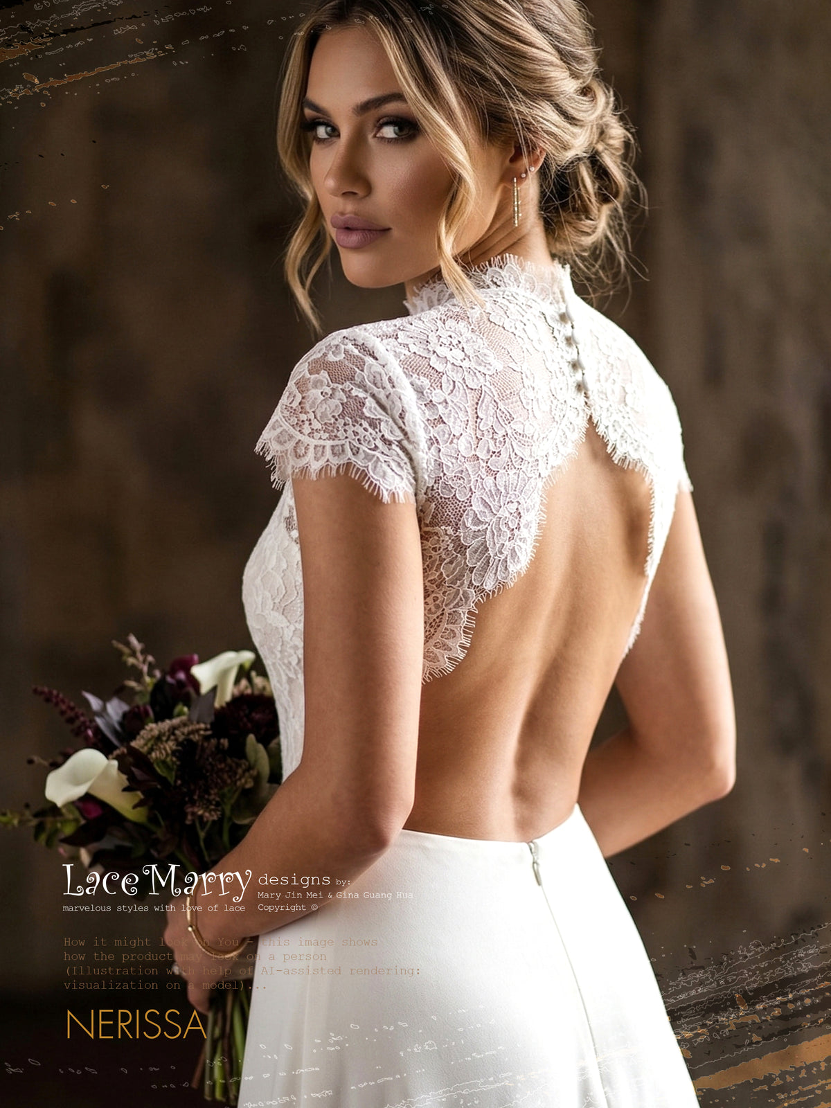 NERISSA / High Neck Open Back Bridal Lace Topper with Scalloped Edges