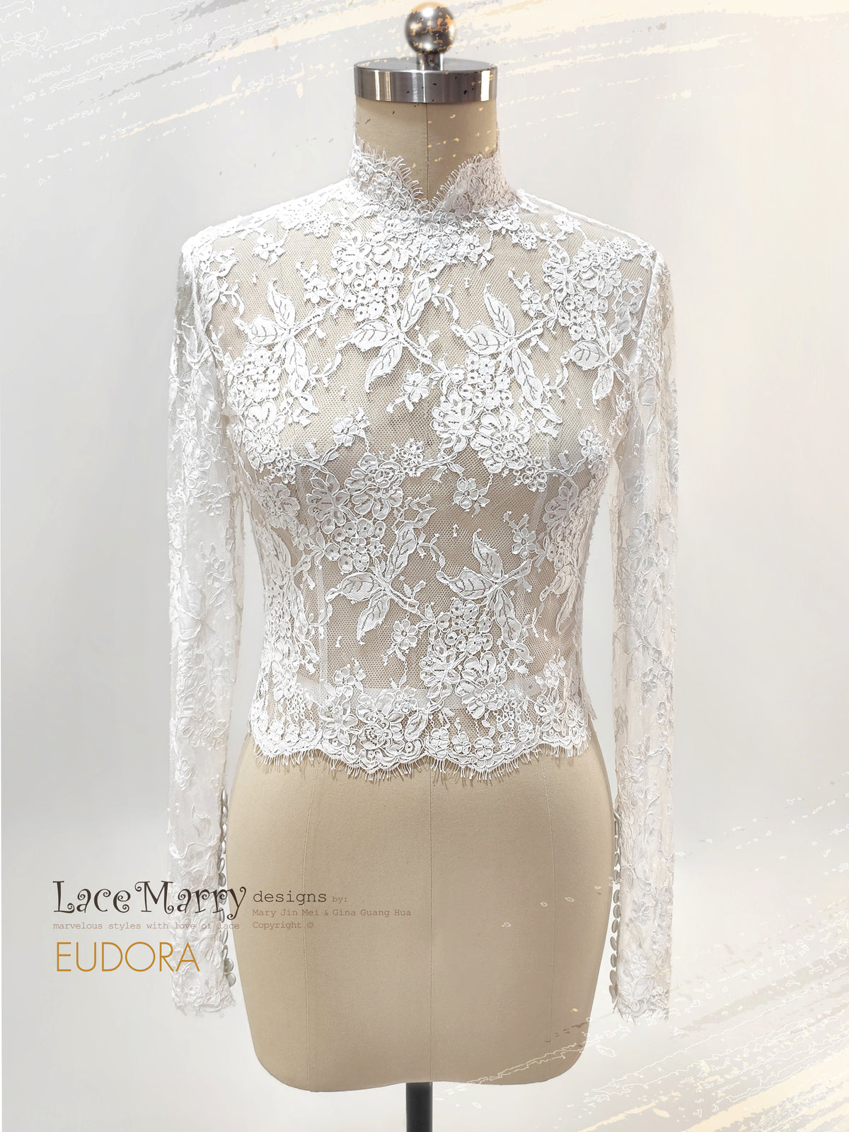 EUDORA / Bridal Lace Topper with Long Lace Sleeves and High Collar