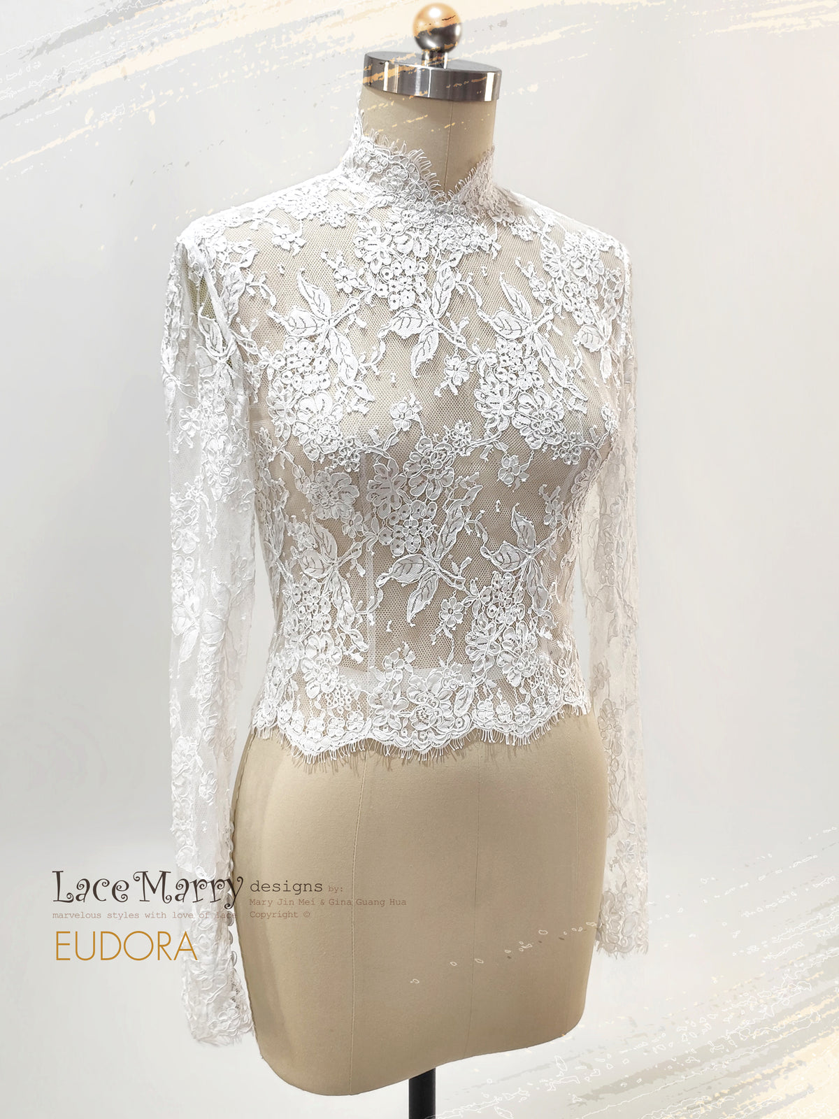 EUDORA / Bridal Lace Topper with Long Lace Sleeves and High Collar