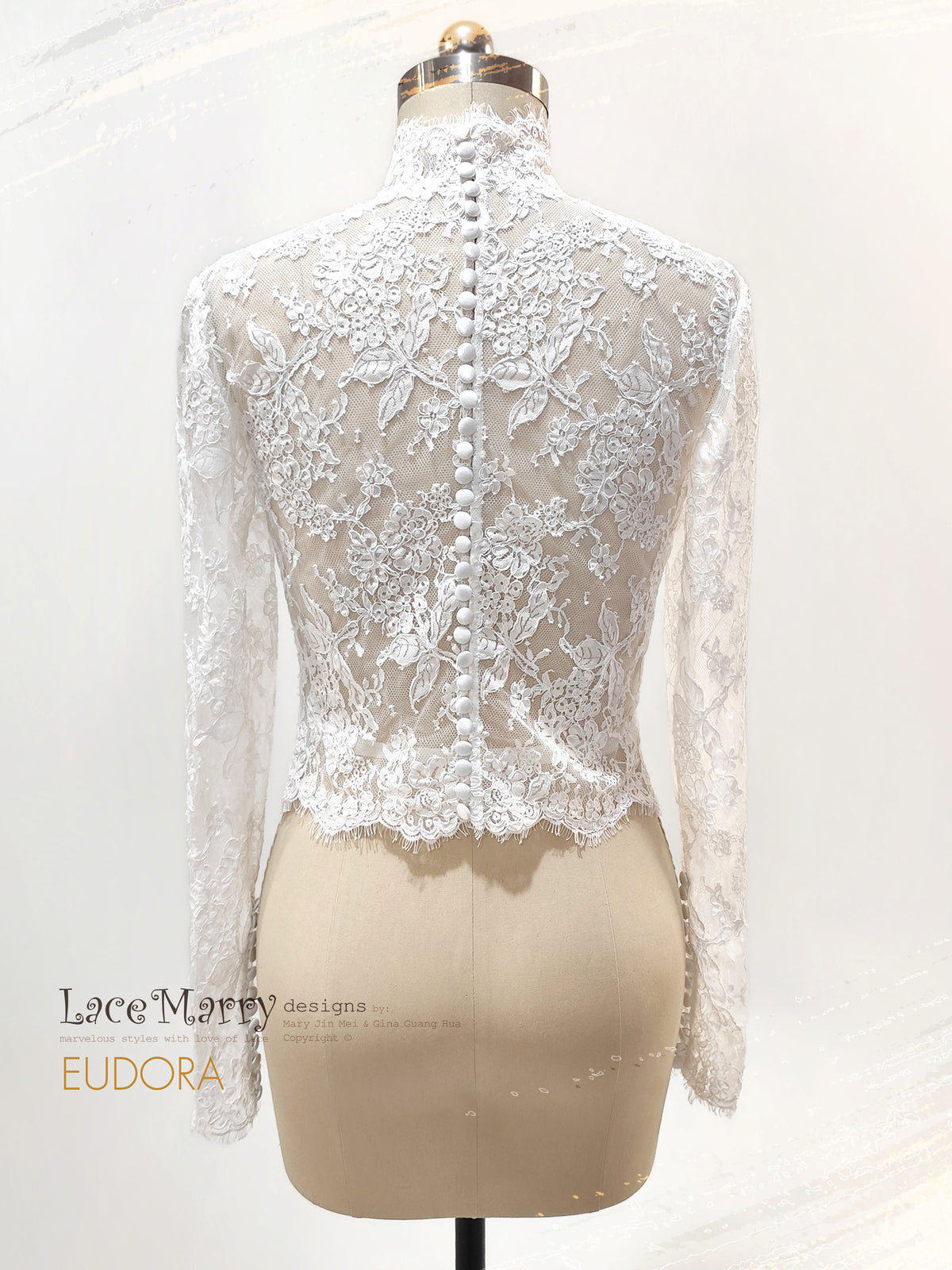 EUDORA / Bridal Lace Topper with Long Lace Sleeves and High Collar