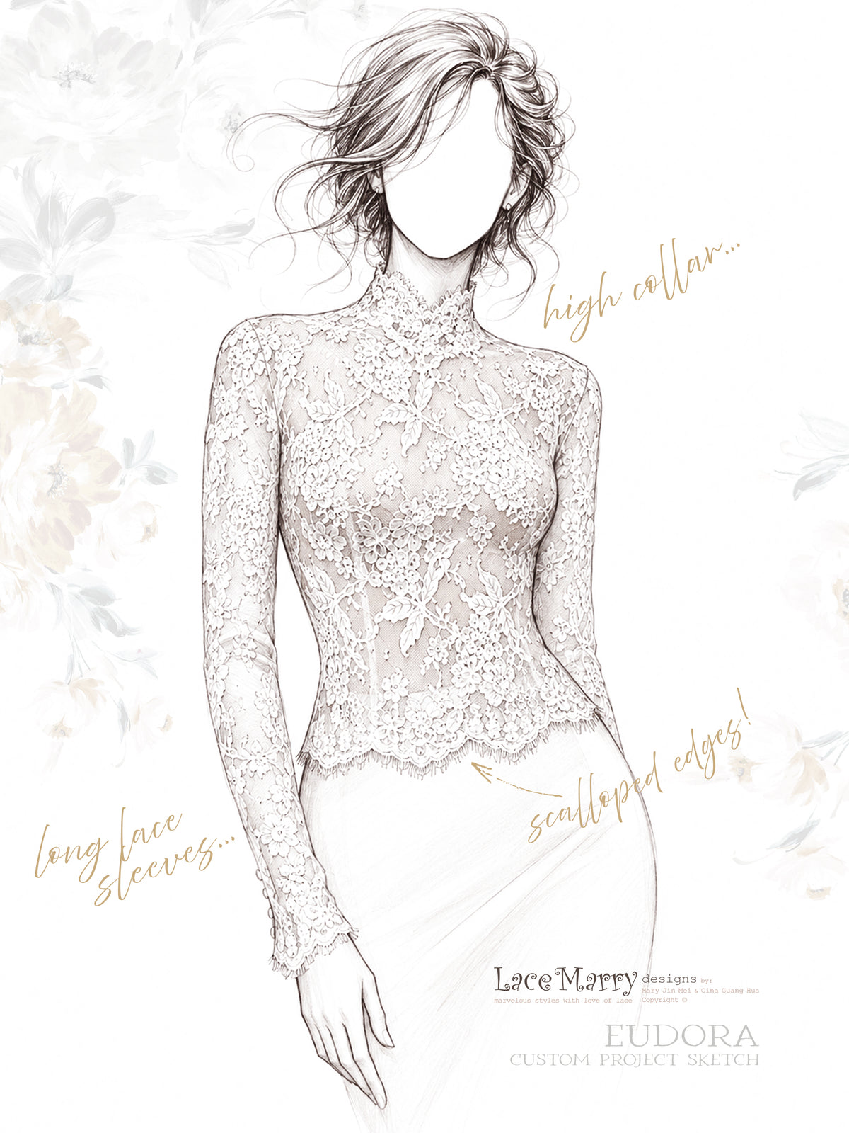 EUDORA / Bridal Lace Topper with Long Lace Sleeves and High Collar
