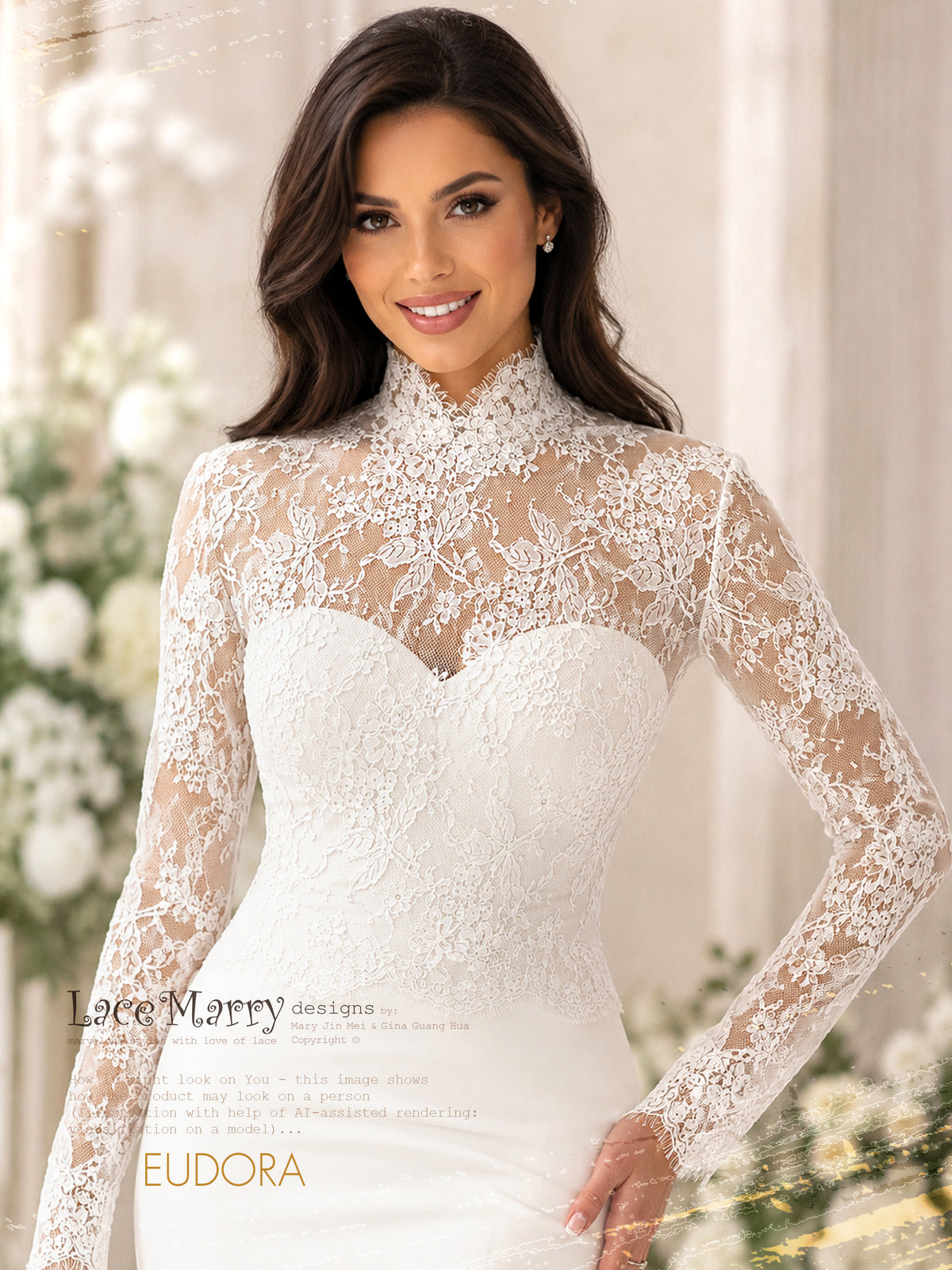 EUDORA / Bridal Lace Topper with Long Lace Sleeves and High Collar