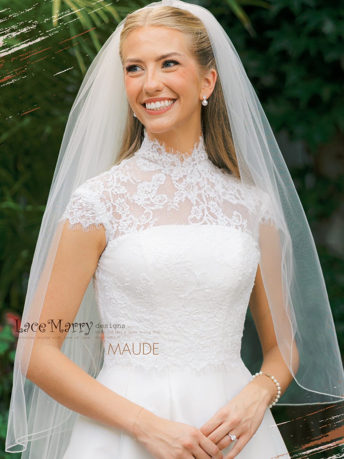 MAUDE / Lace Topper with High Neck and Cap Sleeves