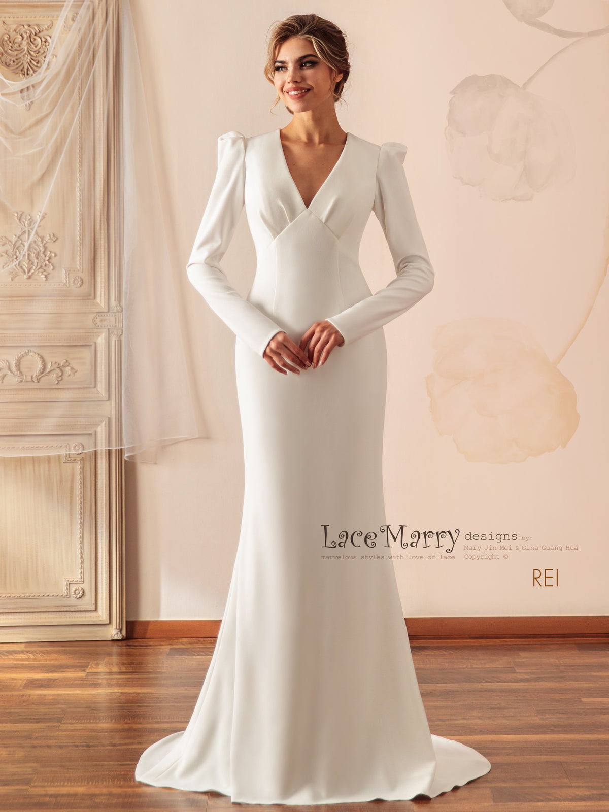 REI / Puff Shoulder Sleeve Simple Wedding Dress - LaceMarry REI / Puff Shoulder Sleeve Simple Wedding Dress - LaceMarry