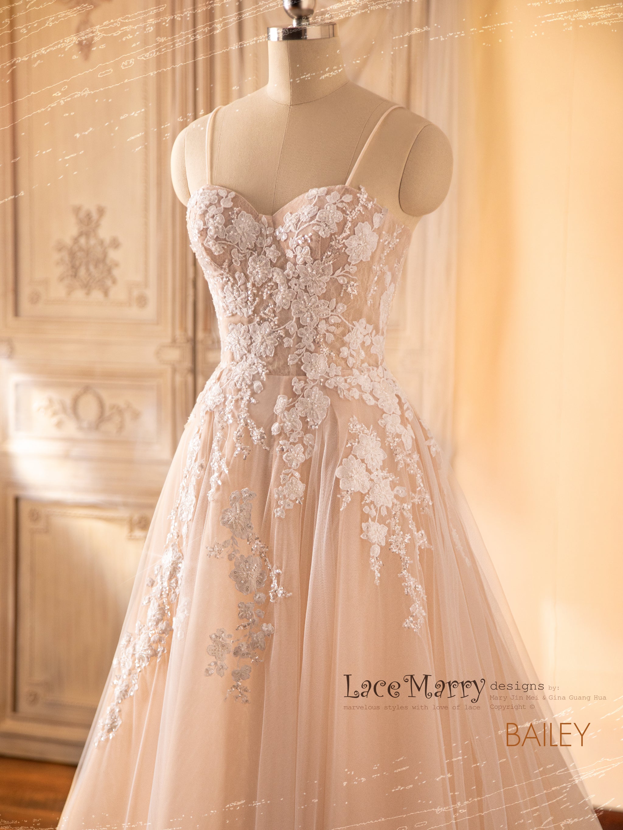 BAILEY / Nude Color Wedding Dress with A Line Skirt - LaceMarry BAILEY / Nude Color Wedding Dress with A Line Skirt - LaceMarry