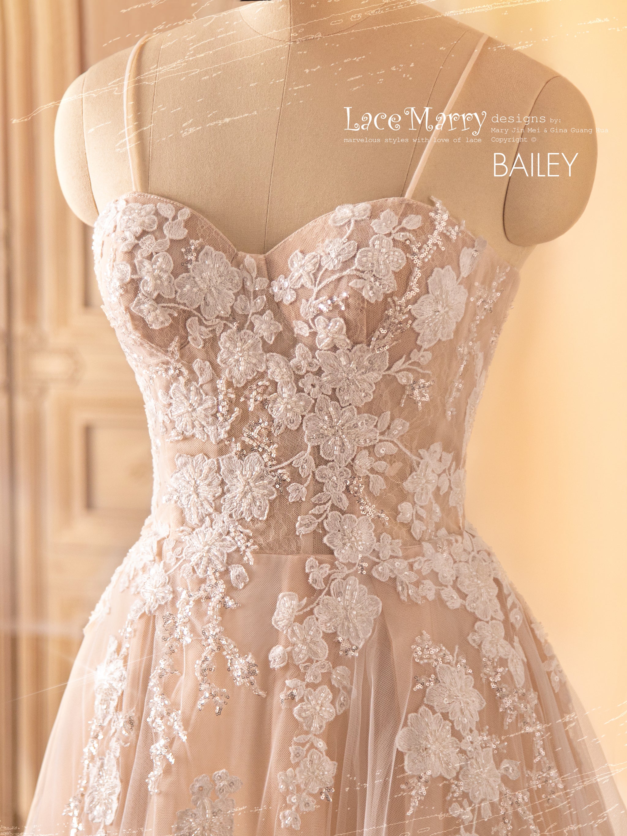 BAILEY / Nude Color Wedding Dress with A Line Skirt - LaceMarry BAILEY / Nude Color Wedding Dress with A Line Skirt - LaceMarry