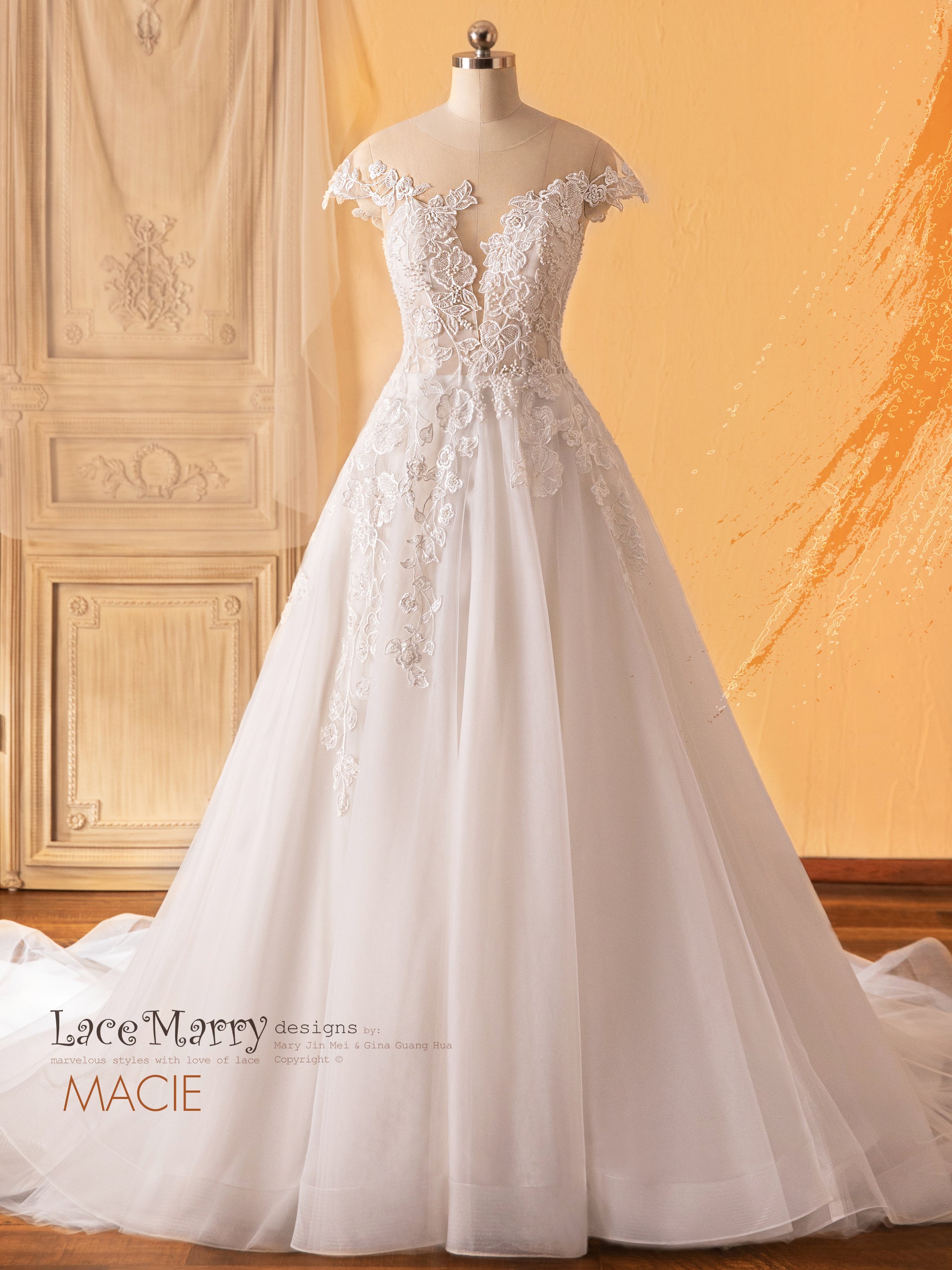 MACIE / A Line Wedding Dress with Illusion Plunge Neckline - LaceMarry MACIE / A Line Wedding Dress with Illusion Plunge Neckline - LaceMarry