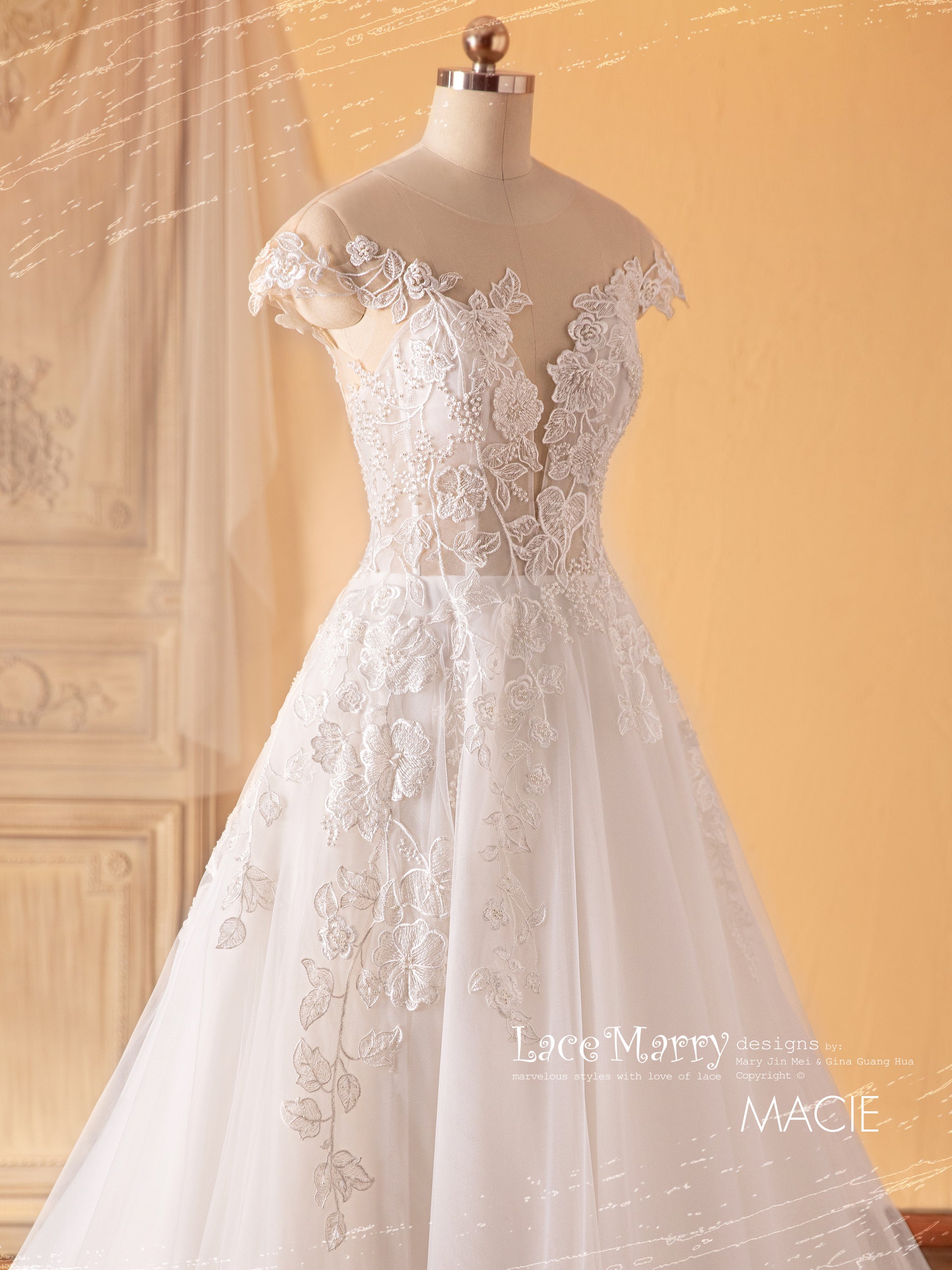 MACIE / A Line Wedding Dress with Illusion Plunge Neckline - LaceMarry MACIE / A Line Wedding Dress with Illusion Plunge Neckline - LaceMarry