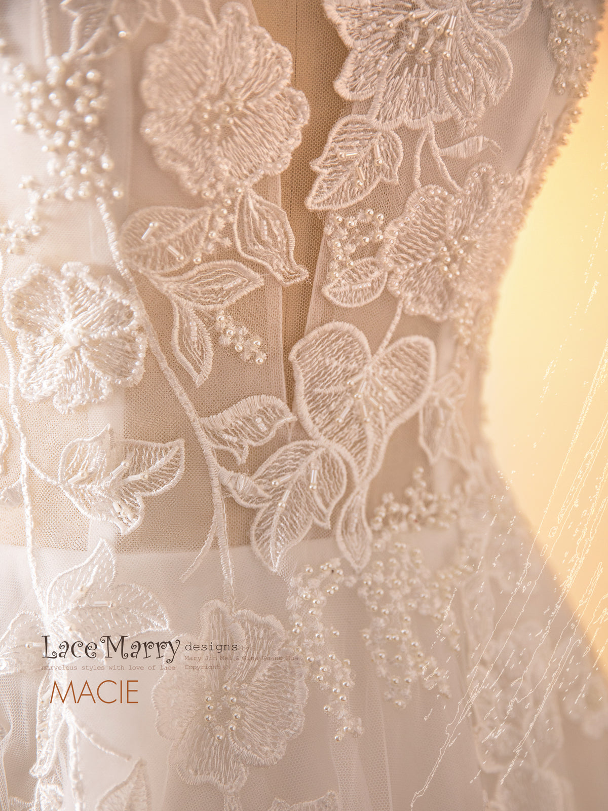 MACIE / A Line Wedding Dress with Illusion Plunge Neckline - LaceMarry MACIE / A Line Wedding Dress with Illusion Plunge Neckline - LaceMarry
