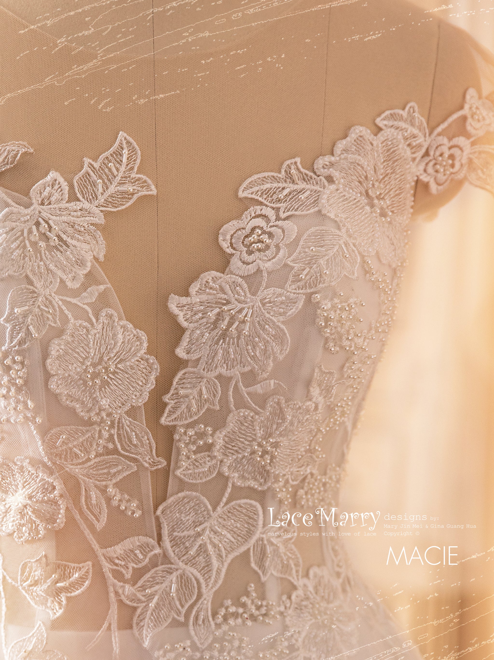MACIE / A Line Wedding Dress with Illusion Plunge Neckline - LaceMarry MACIE / A Line Wedding Dress with Illusion Plunge Neckline - LaceMarry