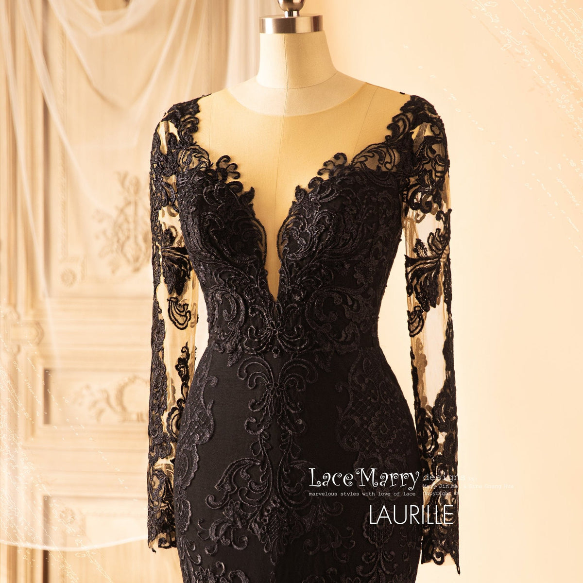 LAURILLE / Off-Shoulder Black Lace Wedding Dress - LaceMarry LAURILLE / Off-Shoulder Black Lace Wedding Dress - LaceMarry