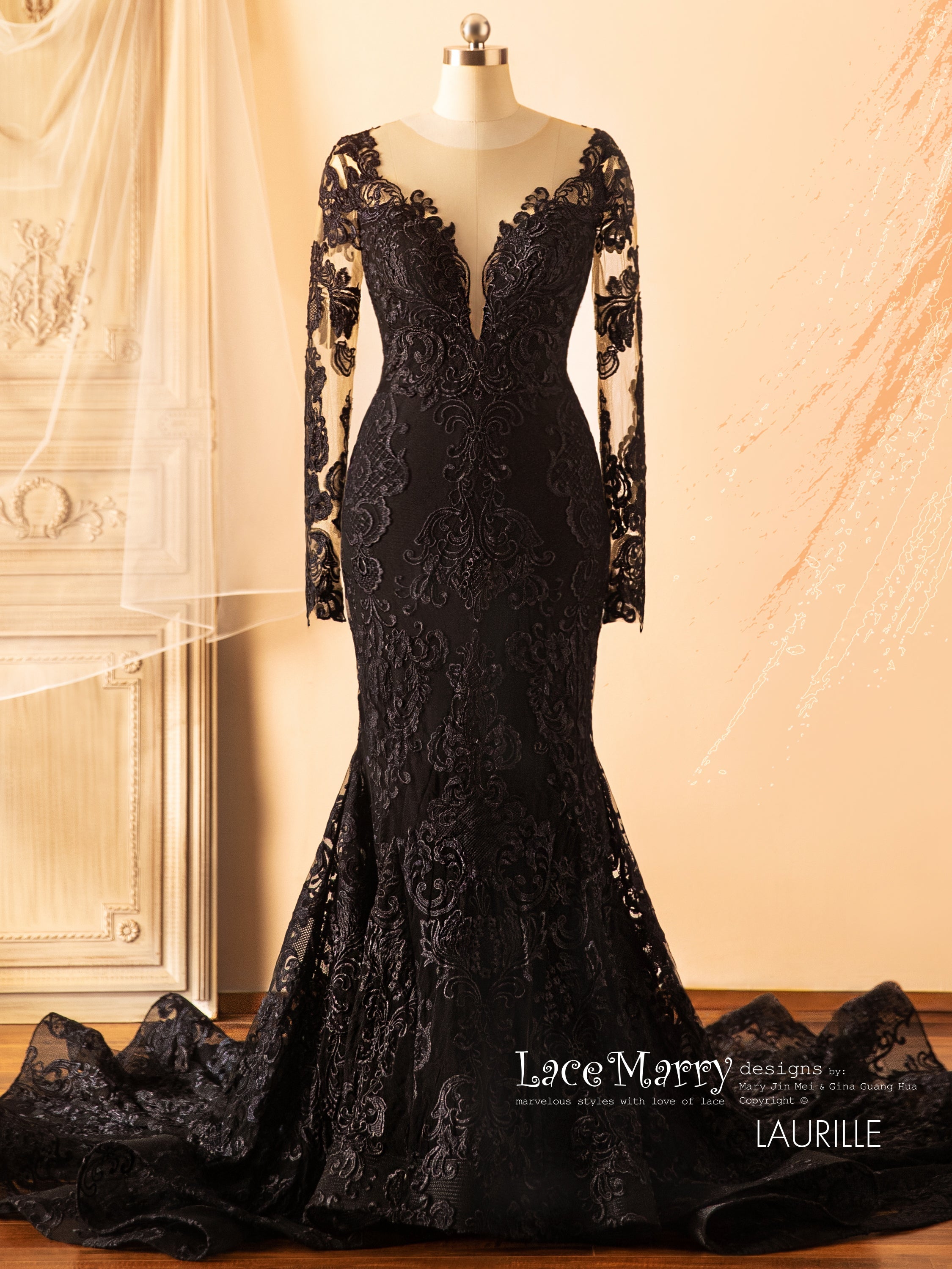 LAURILLE / Off-Shoulder Black Lace Wedding Dress