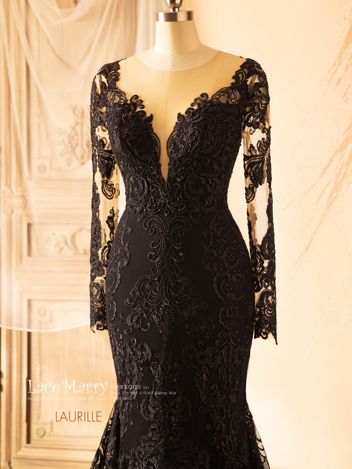 LAURILLE / Black Wedding Dress with Long Sleeves - LaceMarry LAURILLE / Black Wedding Dress with Long Sleeves - LaceMarry