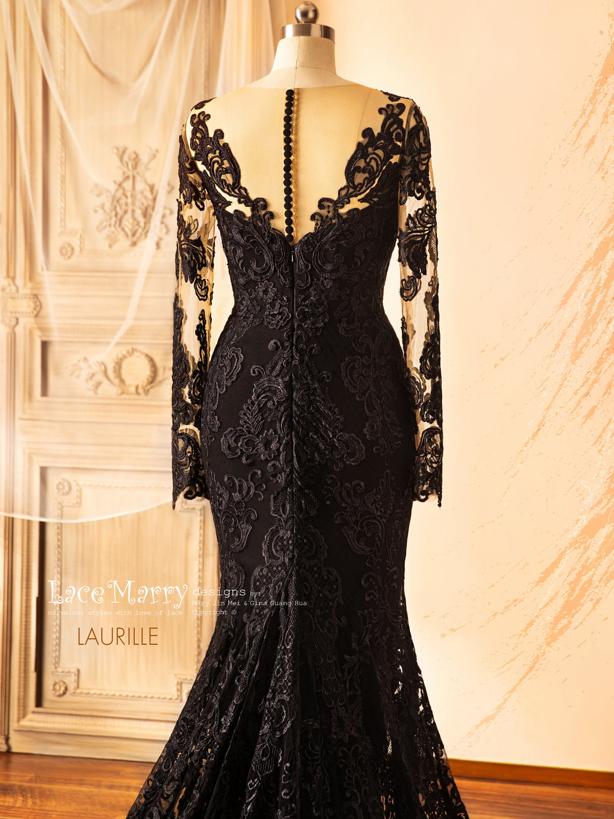 LAURILLE / Black Wedding Dress with Long Sleeves - LaceMarry LAURILLE / Black Wedding Dress with Long Sleeves - LaceMarry