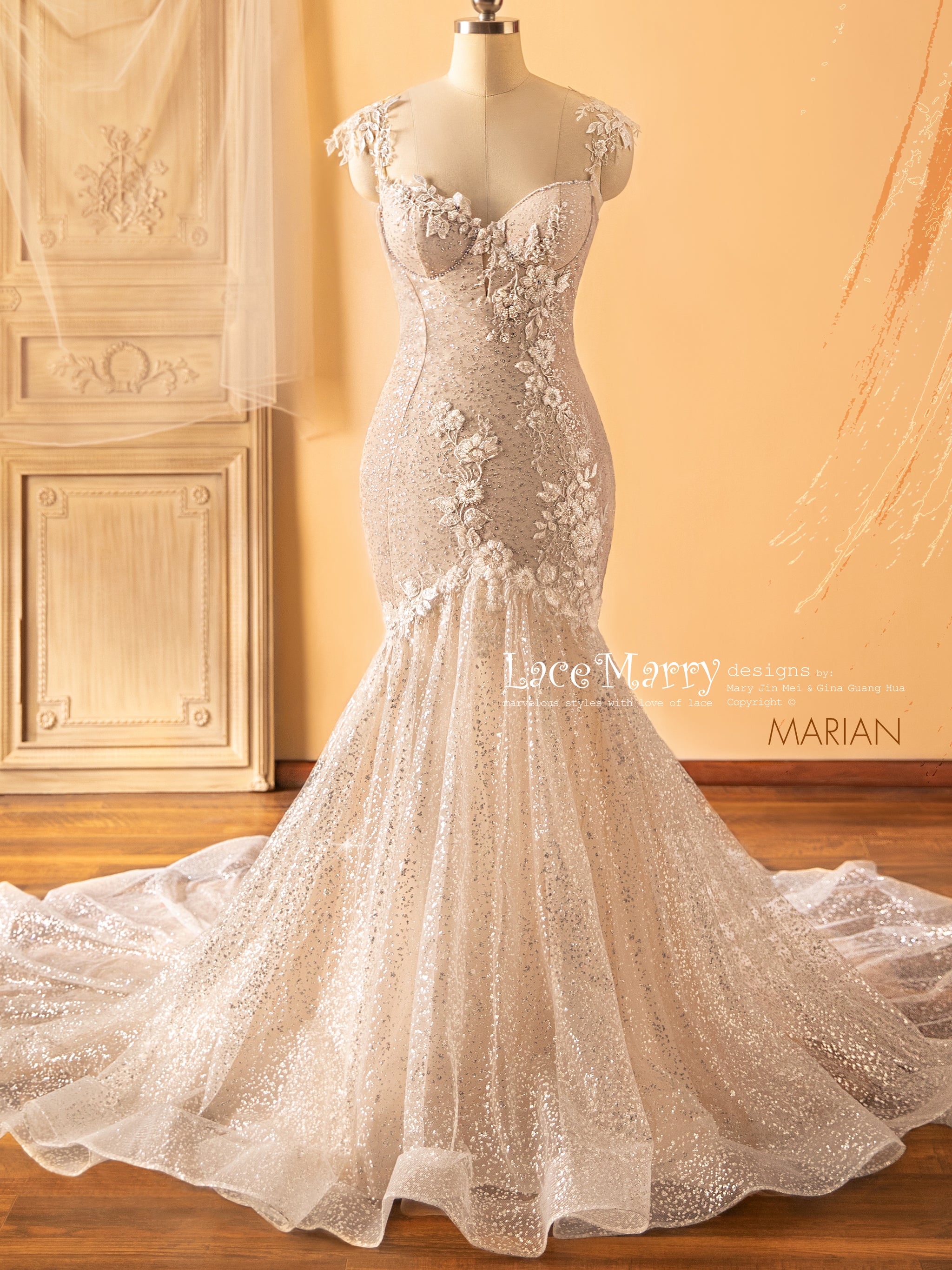 all lace dresses All-Over Lace Fit-and-Flare Wedding Dress with Sheer Sides