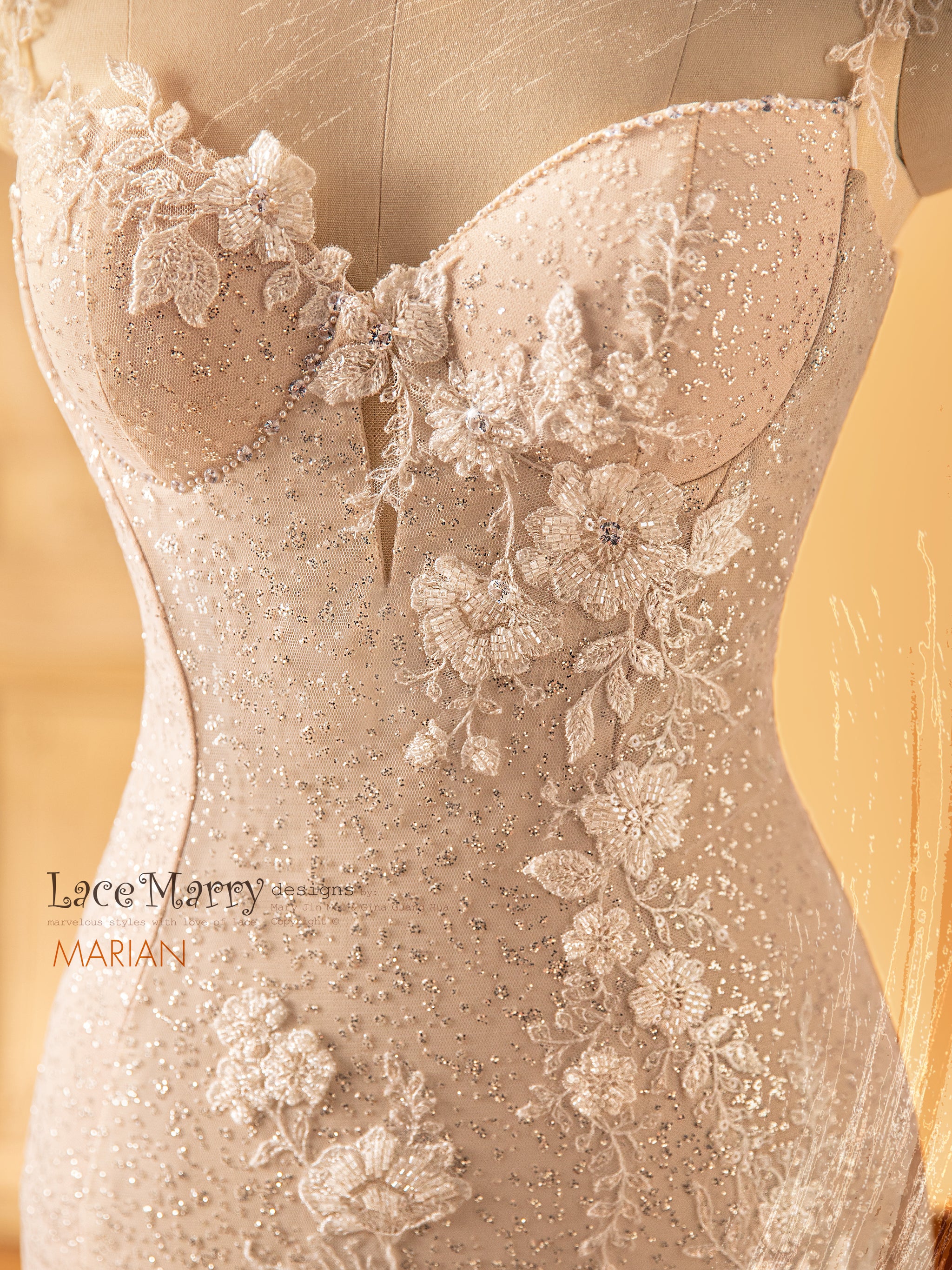 MARIAN / Exquisite Wedding Dress with Colored Underlay - LaceMarry MARIAN / Exquisite Wedding Dress with Colored Underlay - LaceMarry