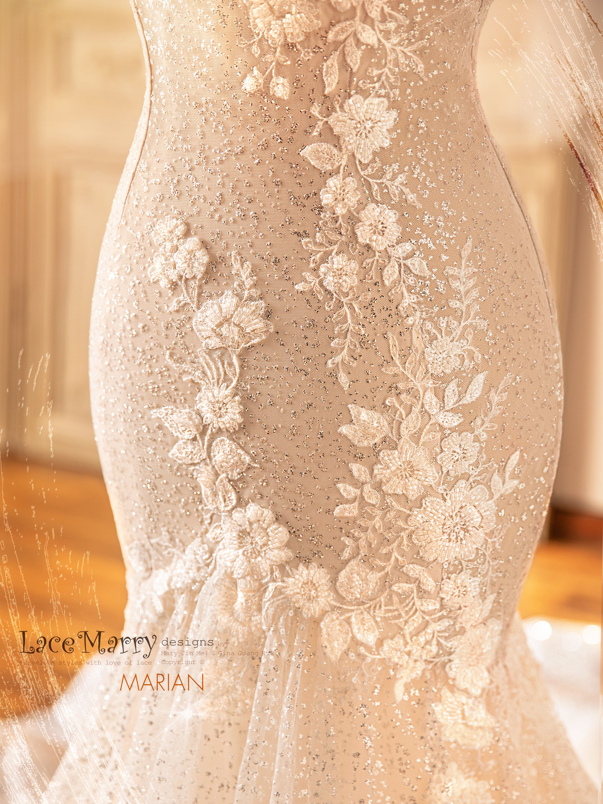 MARIAN / Exquisite Wedding Dress with Colored Underlay - LaceMarry MARIAN / Exquisite Wedding Dress with Colored Underlay - LaceMarry