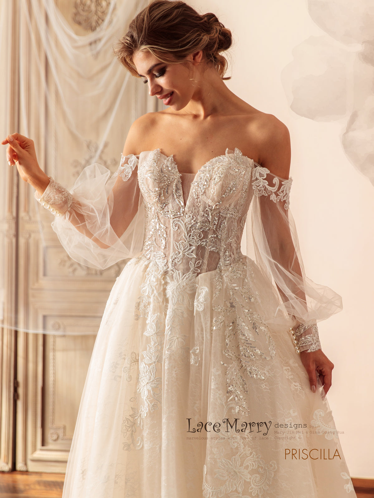 PRISCILLA / Breathtaking Wedding Dress With Puff Long Sleeves - LaceMarry PRISCILLA / Breathtaking Wedding Dress With Puff Long Sleeves - LaceMarry