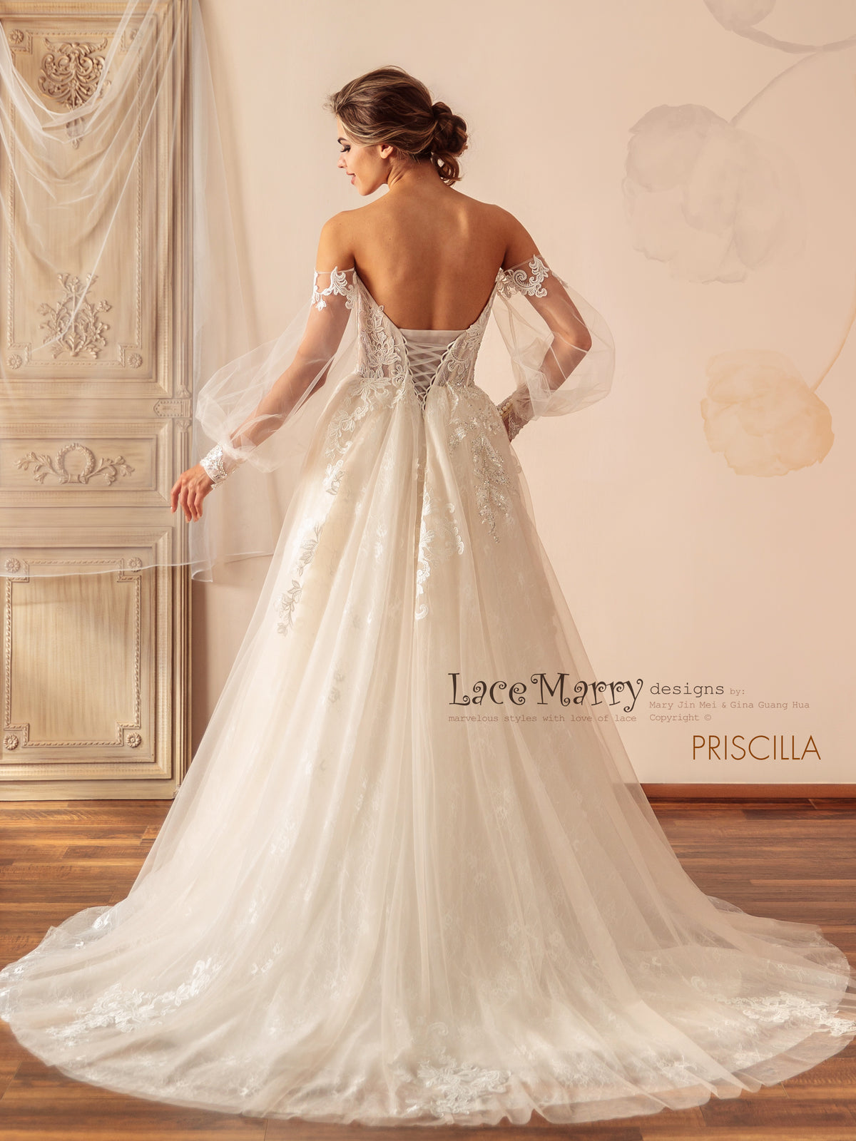 PRISCILLA / Breathtaking Wedding Dress With Puff Long Sleeves - LaceMarry PRISCILLA / Breathtaking Wedding Dress With Puff Long Sleeves - LaceMarry