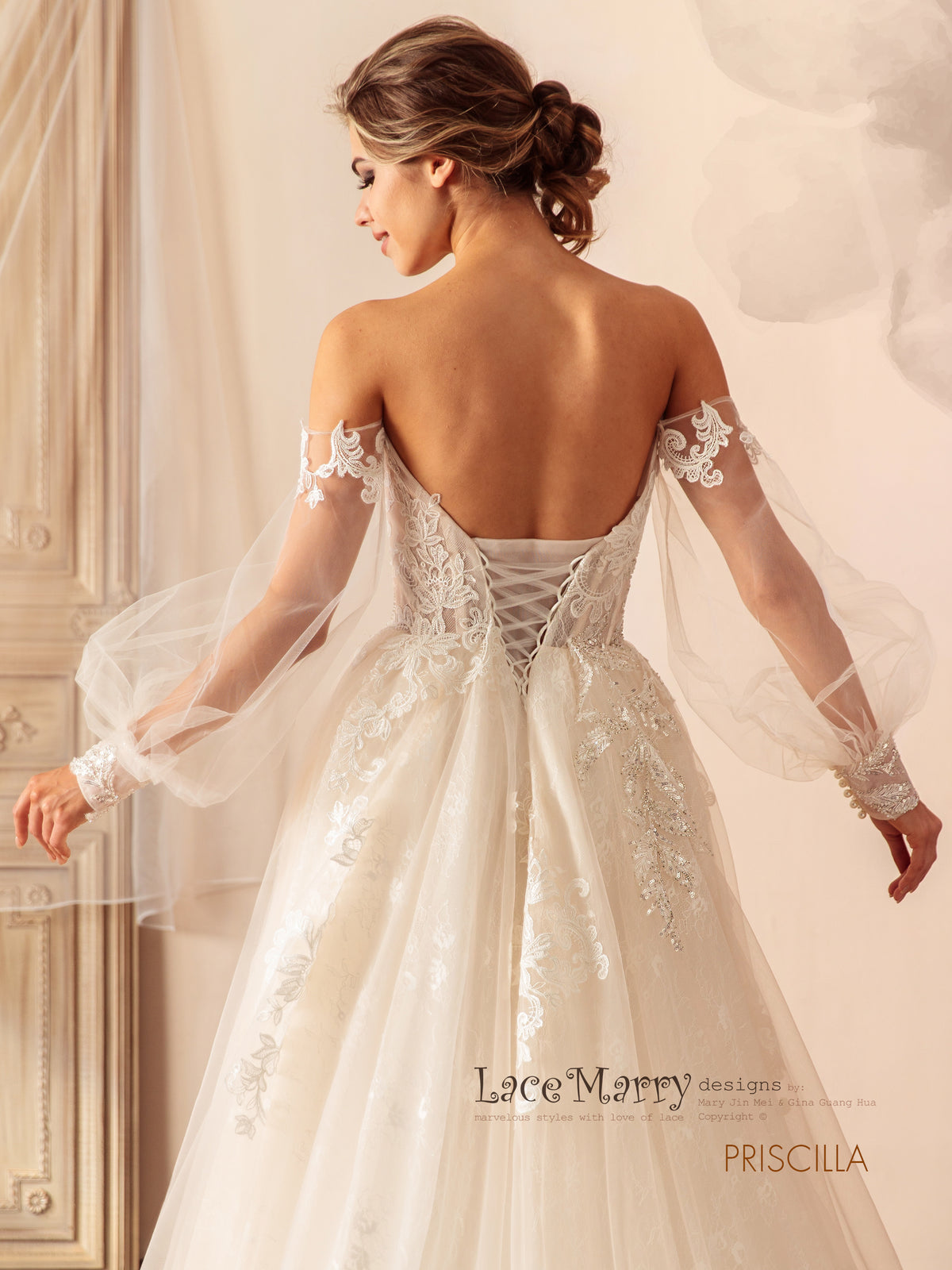 Lace Floral Puff Sleeve Wedding Dresses Sweetheart Long Train Bride Go –  Okdresses