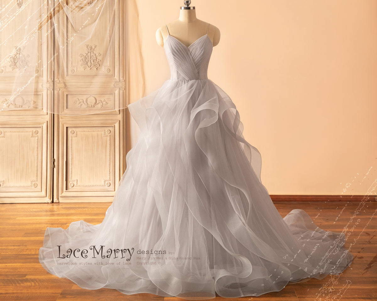 ALIZA / Gray Wedding Dress with A Line Multi Layer Tulle Skirt