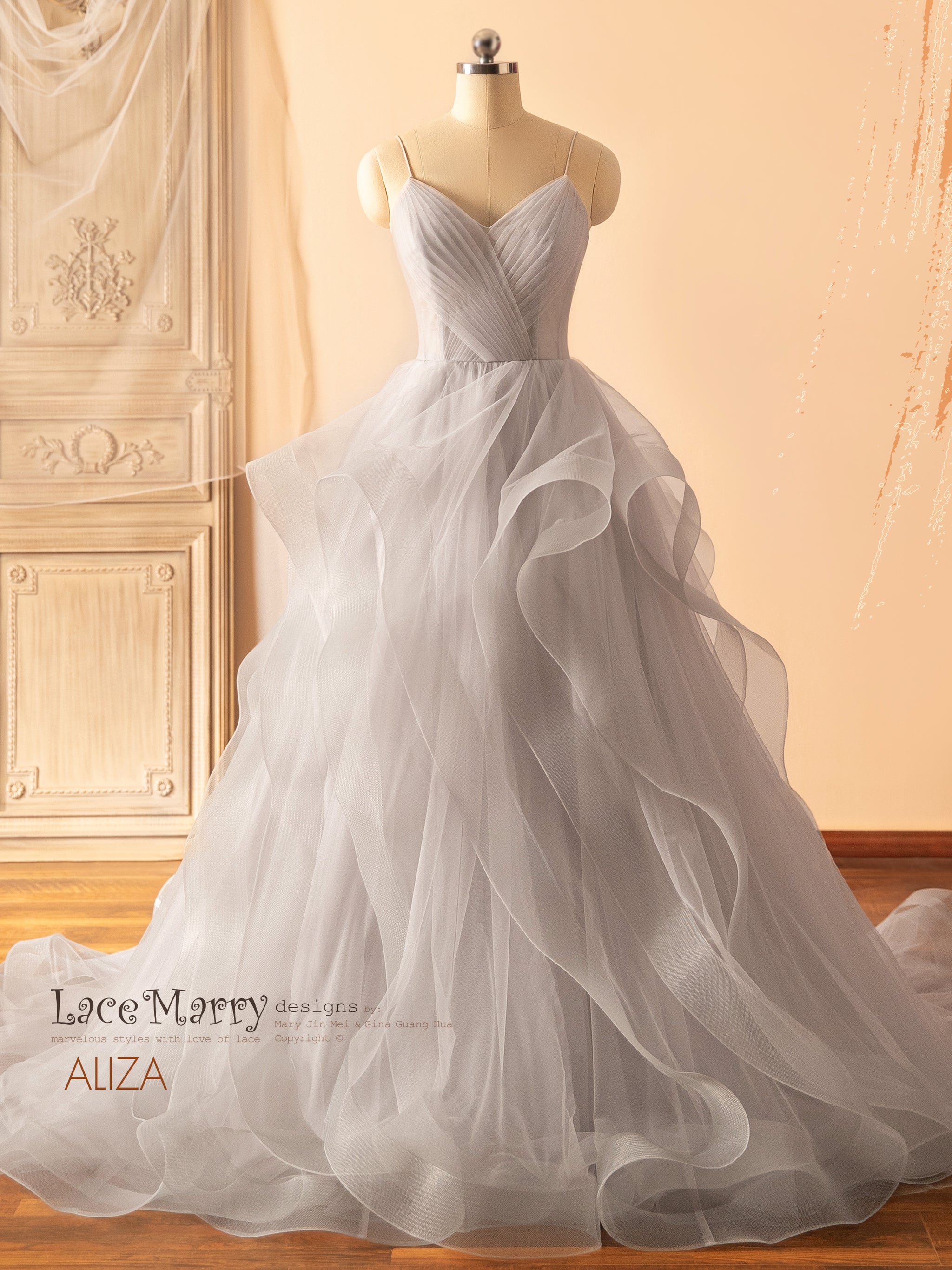ALIZA / Gray Wedding Dress with A Line Multi Layer Tulle Skirt - LaceMarry ALIZA / Gray Wedding Dress with A Line Multi Layer Tulle Skirt - LaceMarry