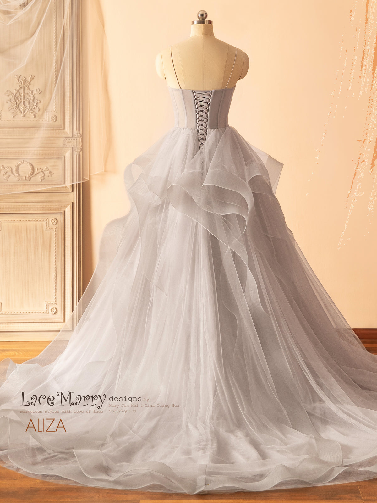 ALIZA / Gray Wedding Dress with A Line Multi Layer Tulle Skirt