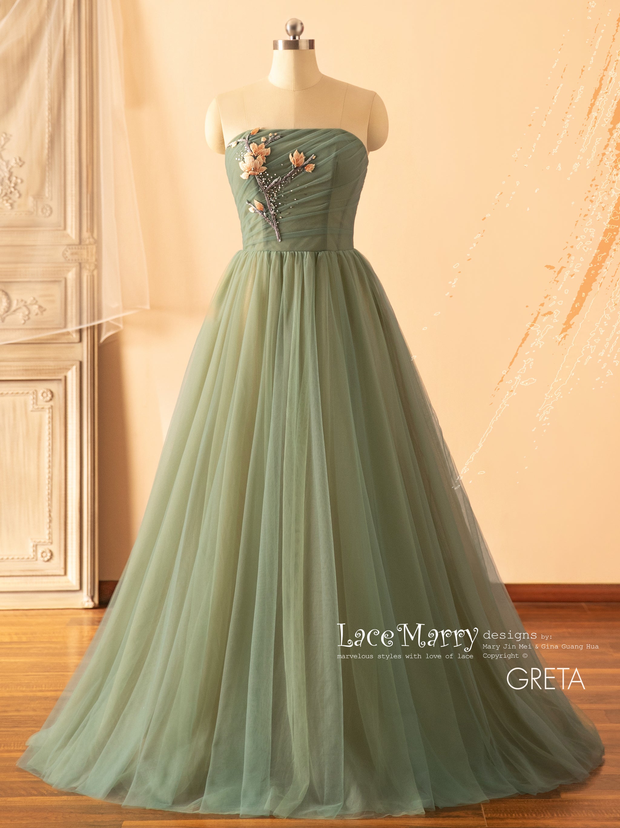 GRETA Green Wedding Dress with Colored Flower Applique LaceMarry