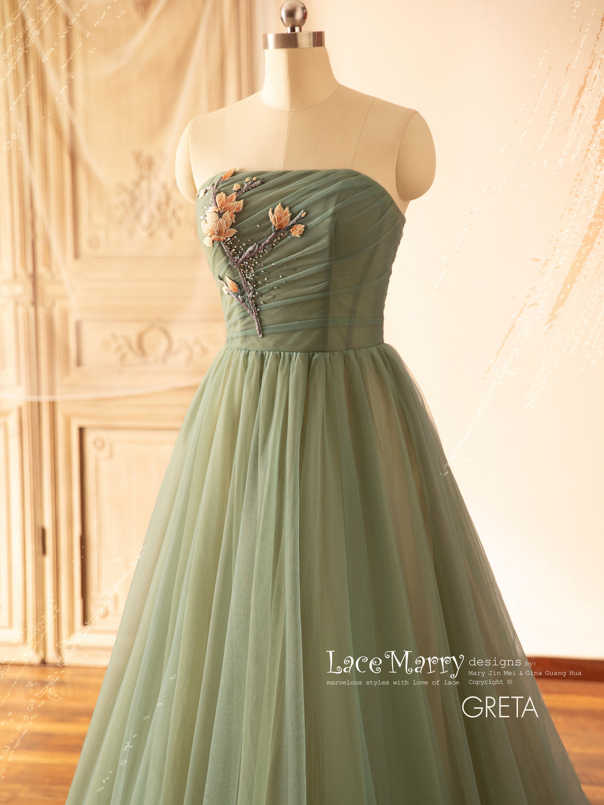 GRETA / Green Wedding Dress with Colored Flower Applique