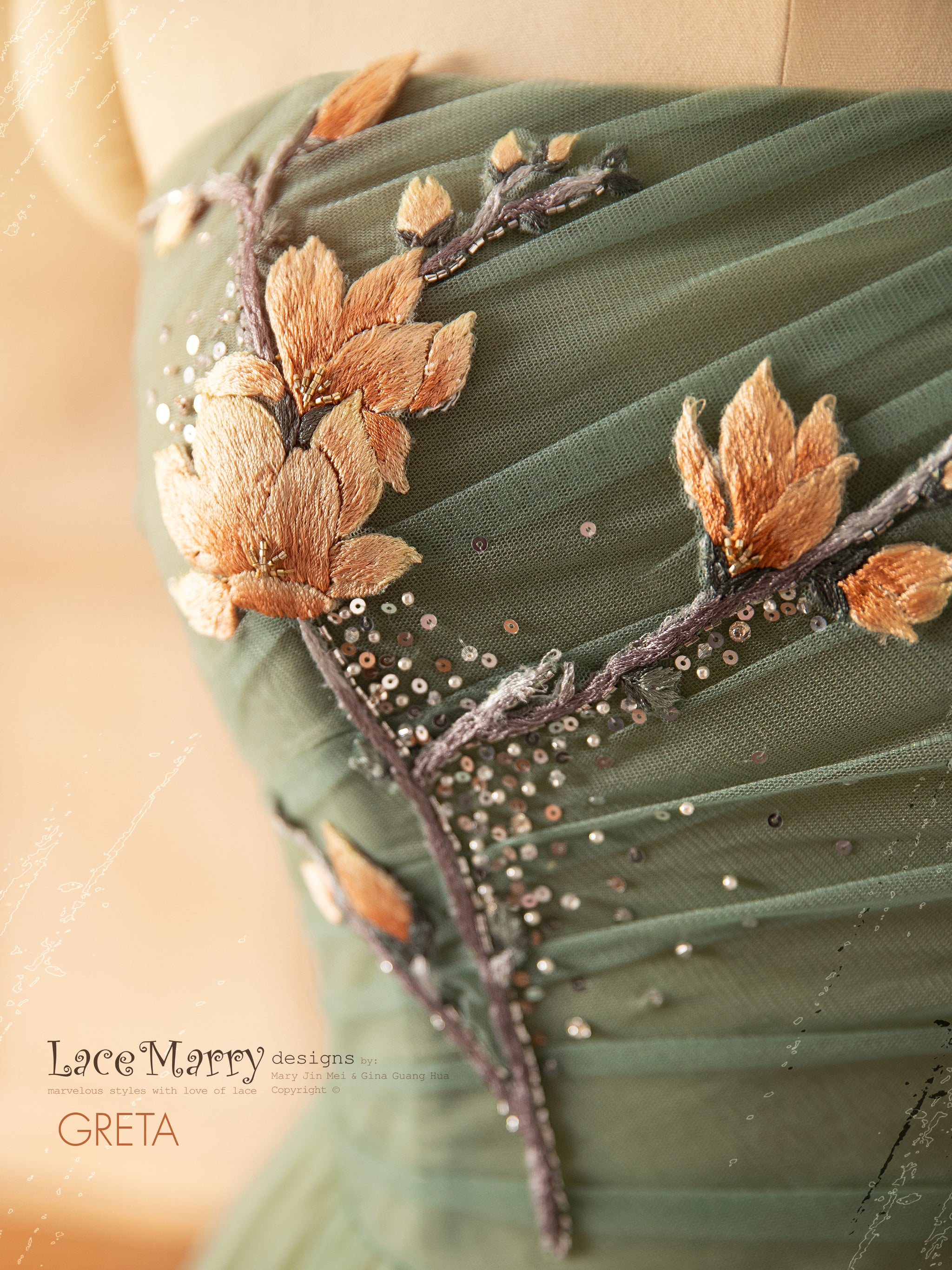GRETA / Green Wedding Dress with Colored Flower Applique - LaceMarry GRETA / Green Wedding Dress with Colored Flower Applique - LaceMarry